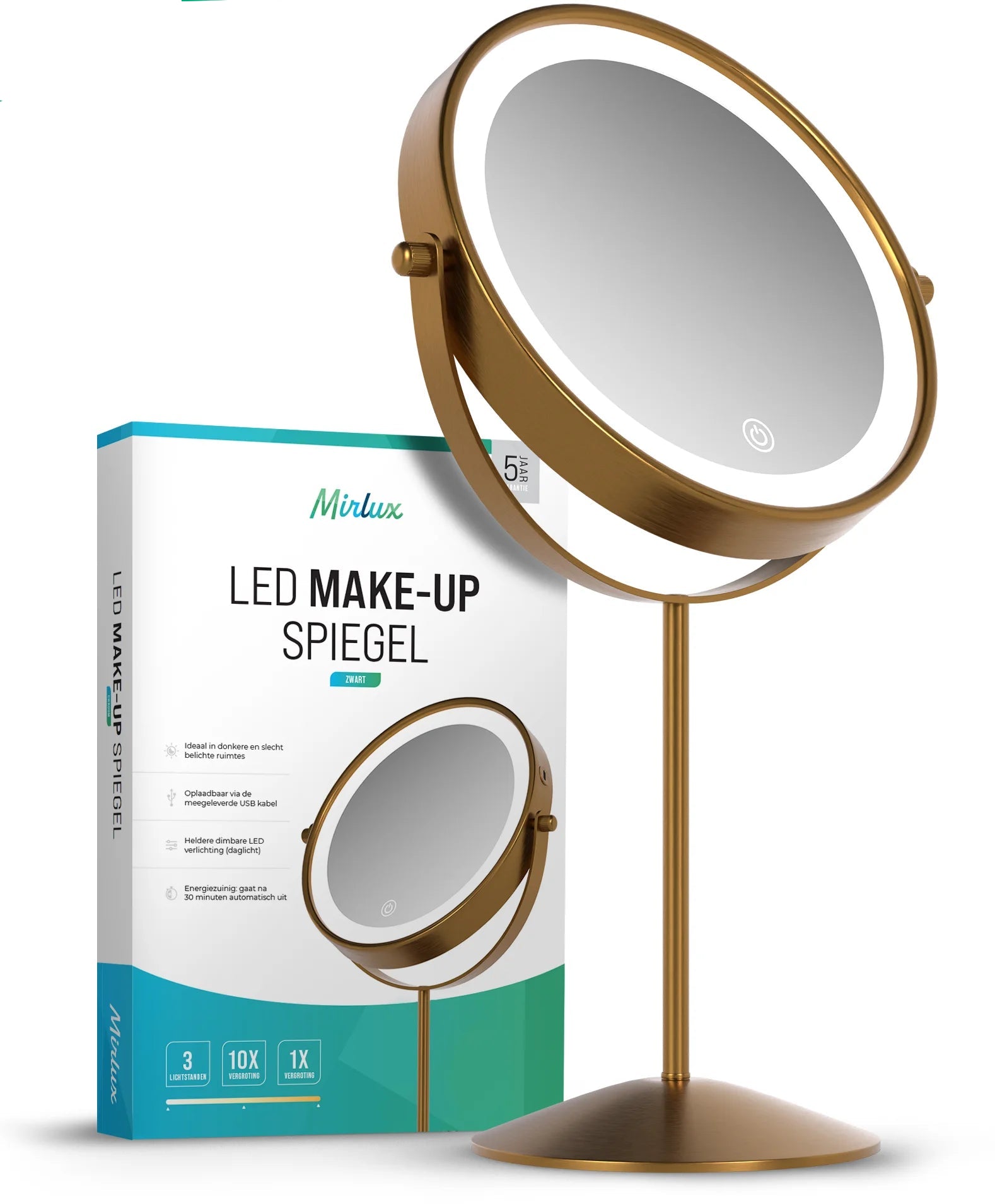 Makeupspejl - Genopladeligt - Guld - 1-10x Forstørrelse