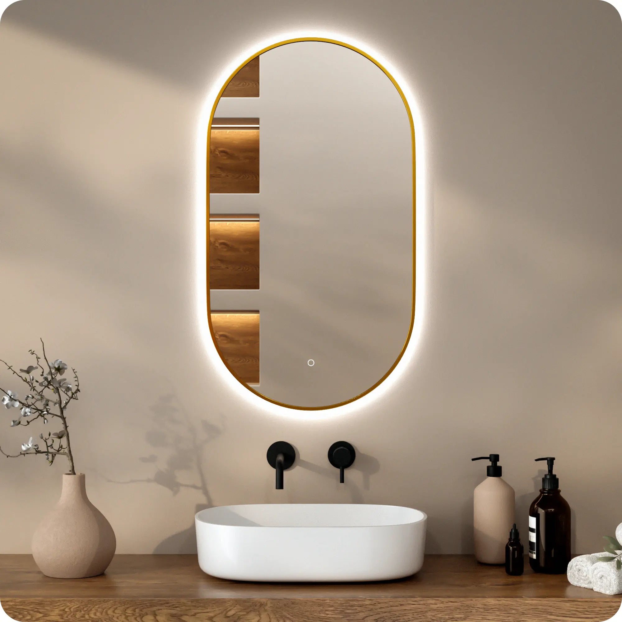 Badeværelsesspejl - 90x50cm Oval - Guldramme