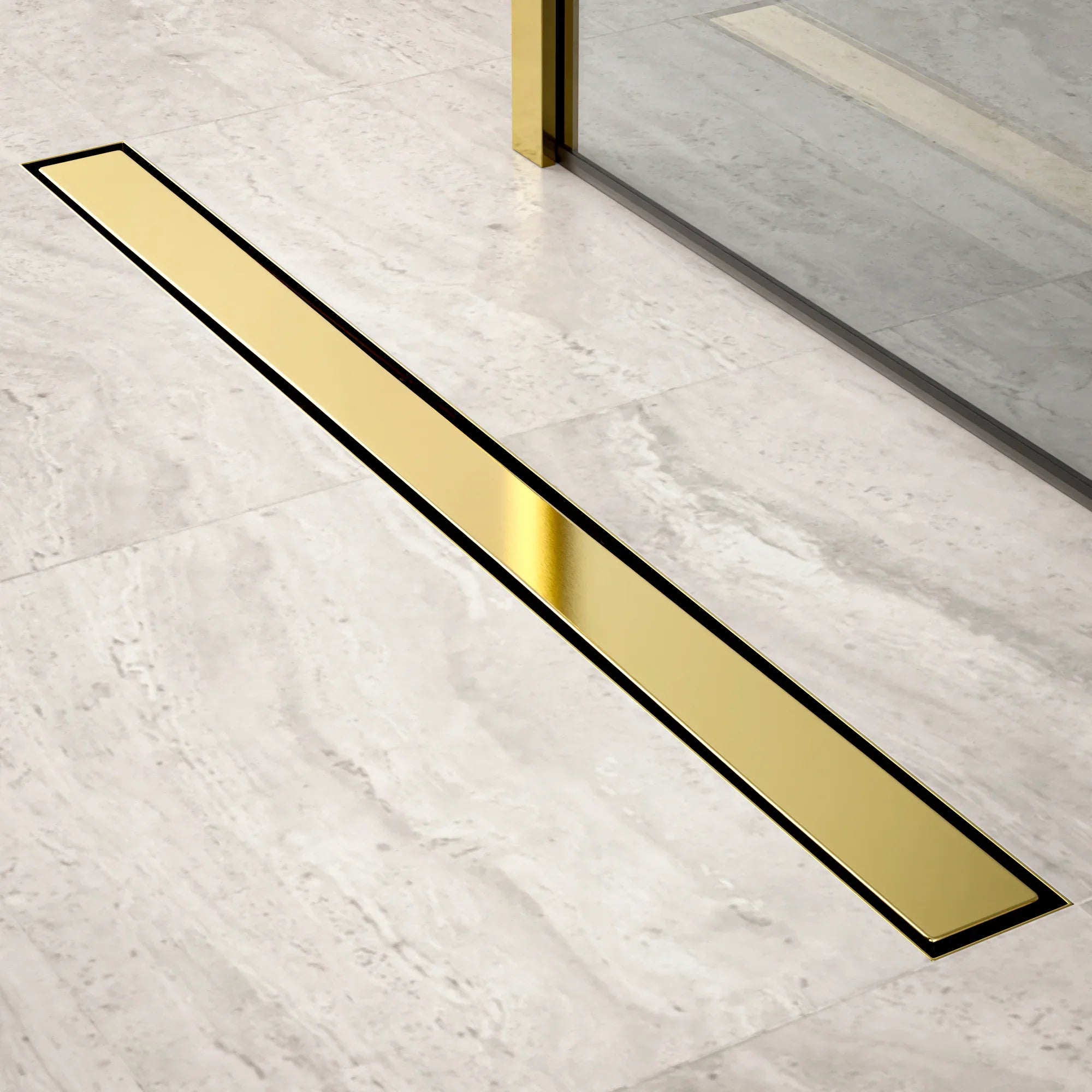 Bruseafløb – 90 cm – Guld – Fliserist – Rustfrit stål – Med flange