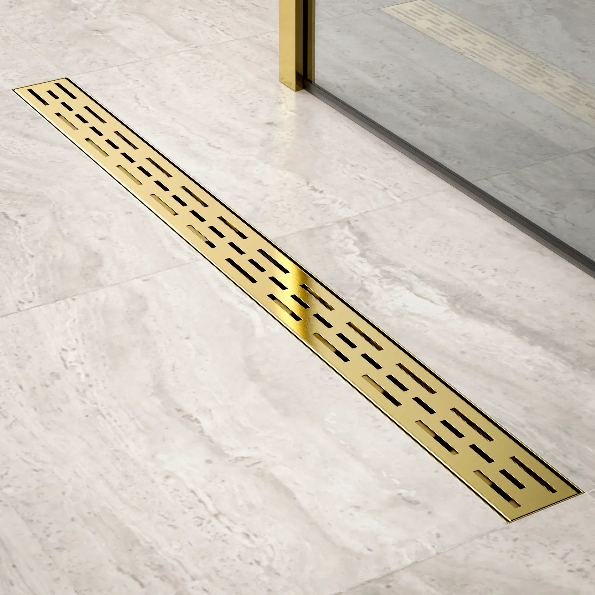Bruseafløb – 90 cm – Guld – Standardrist – Rustfrit stål – Med flange