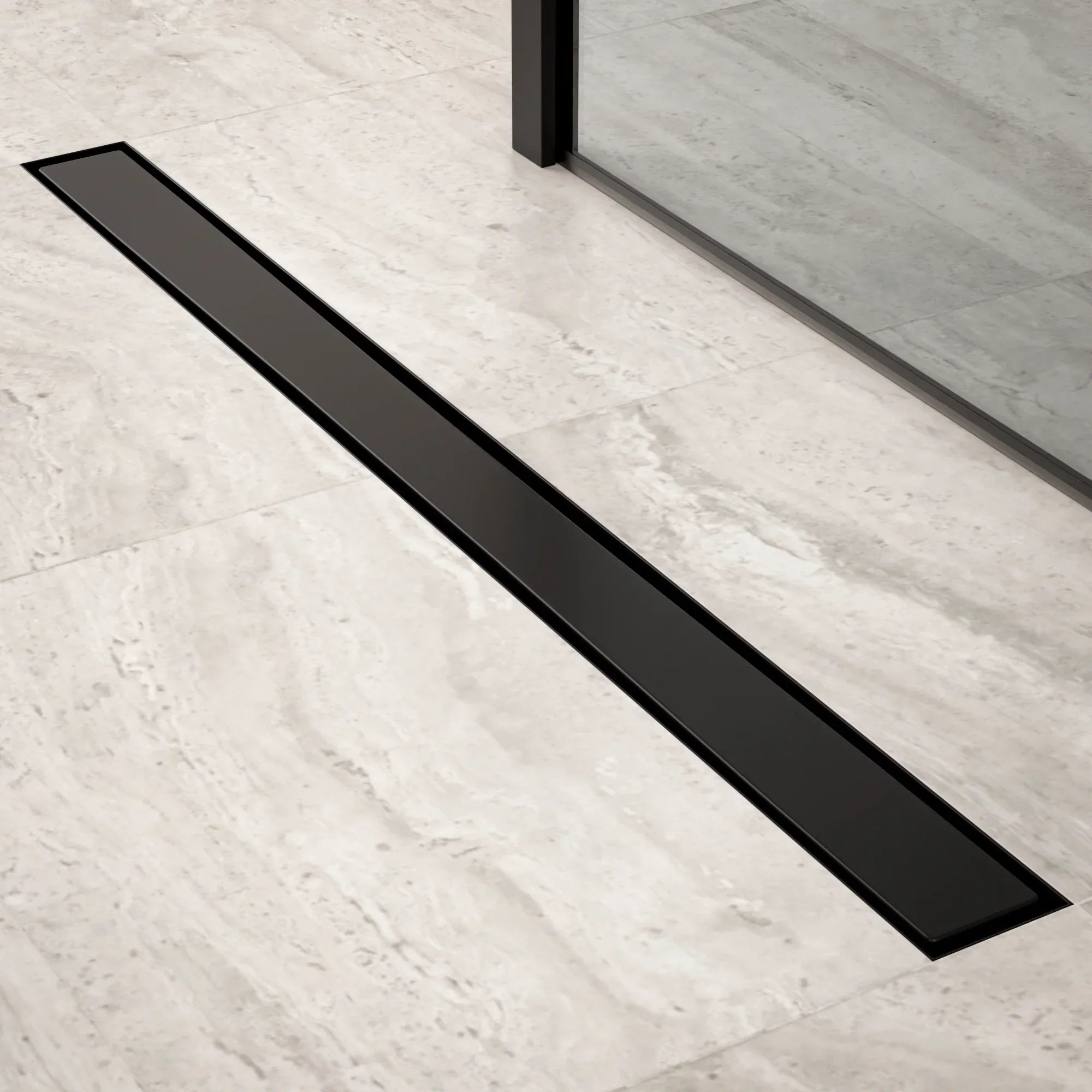 Bruseafløb – 90 cm – Mat sort – Fliserist – Rustfrit stål – Med flange