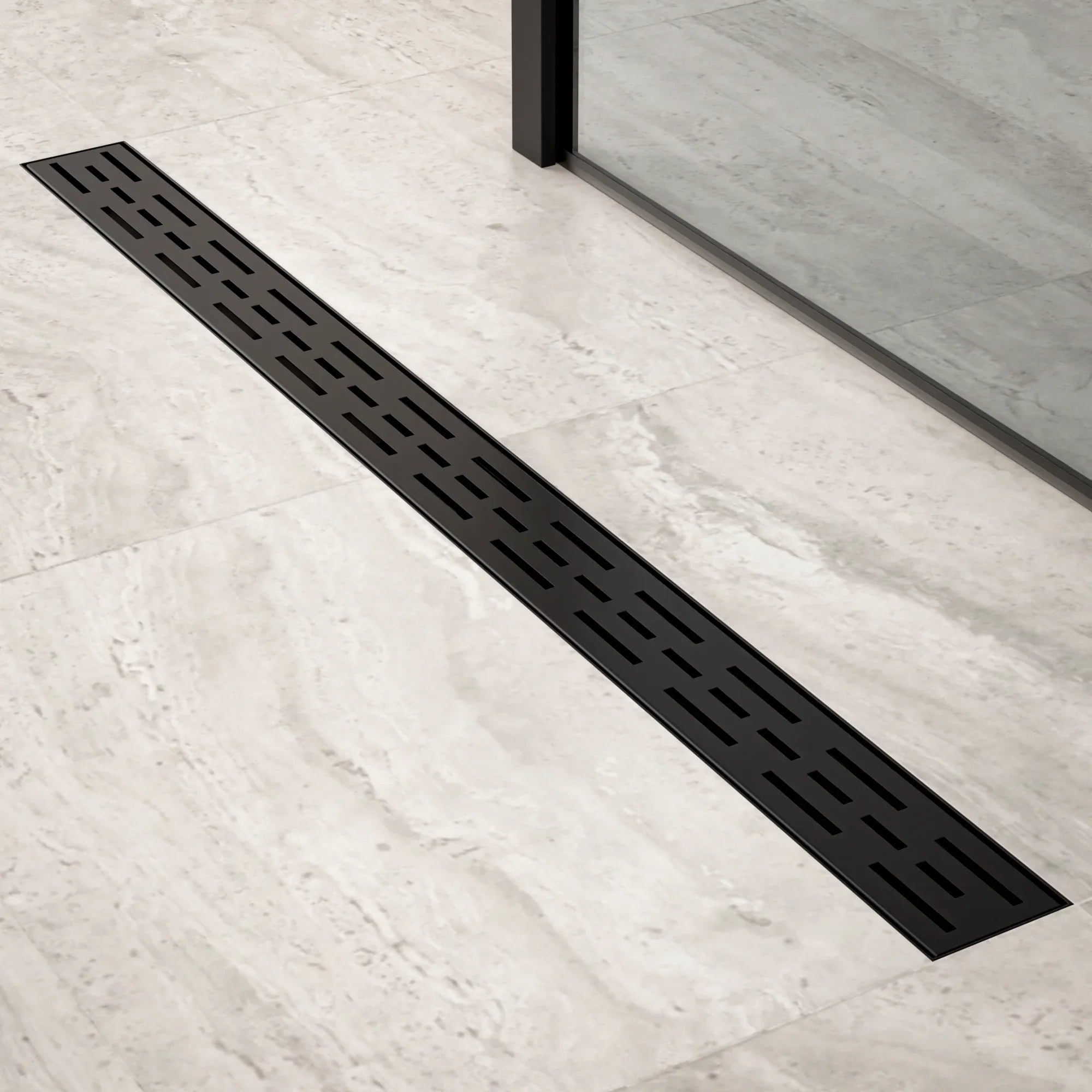 Bruseafløb – 90 cm – Mat sort – Standardrist – Rustfrit stål – Med flange