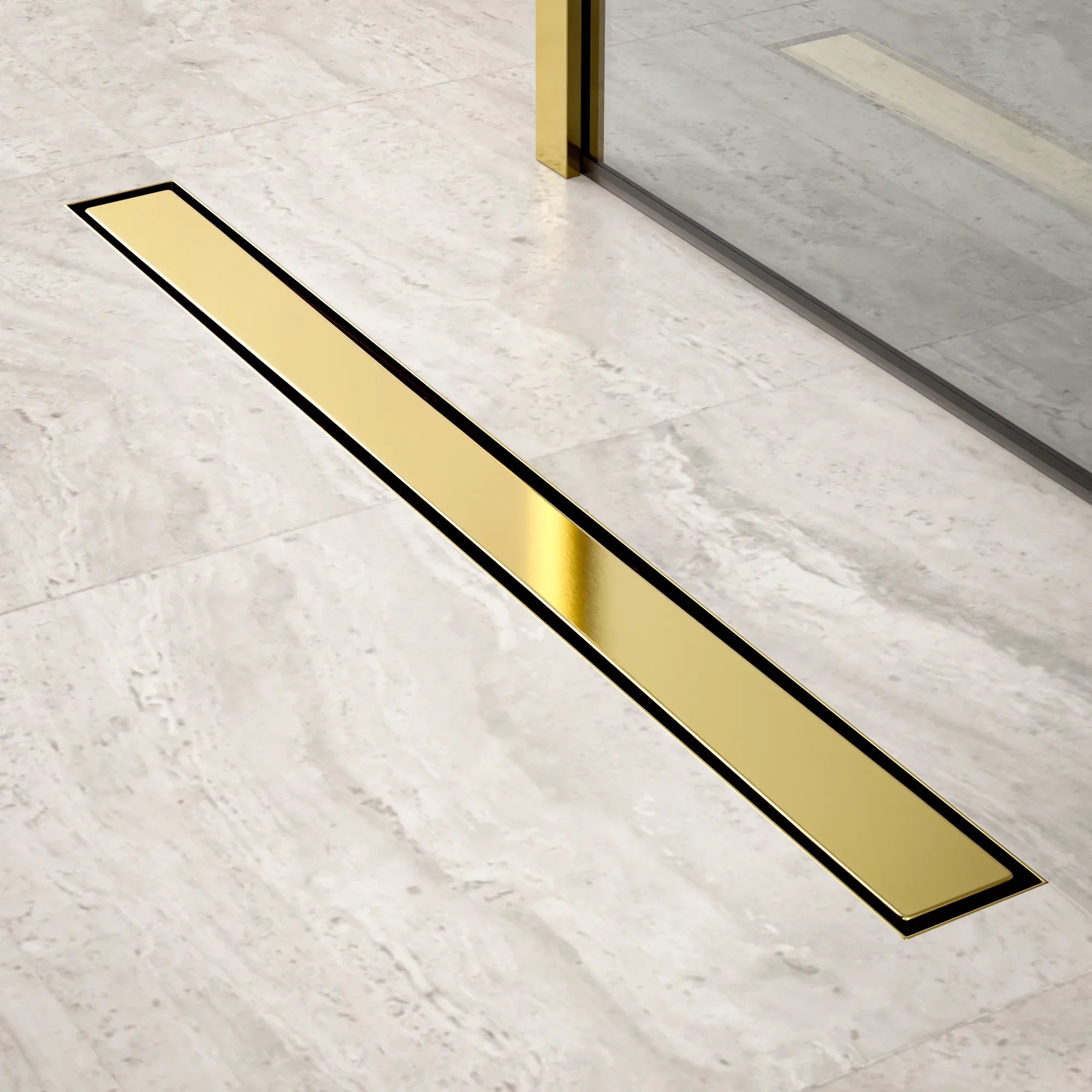 Bruseafløb – 80 cm – Guld – Fliserist – Rustfrit stål – Med flange