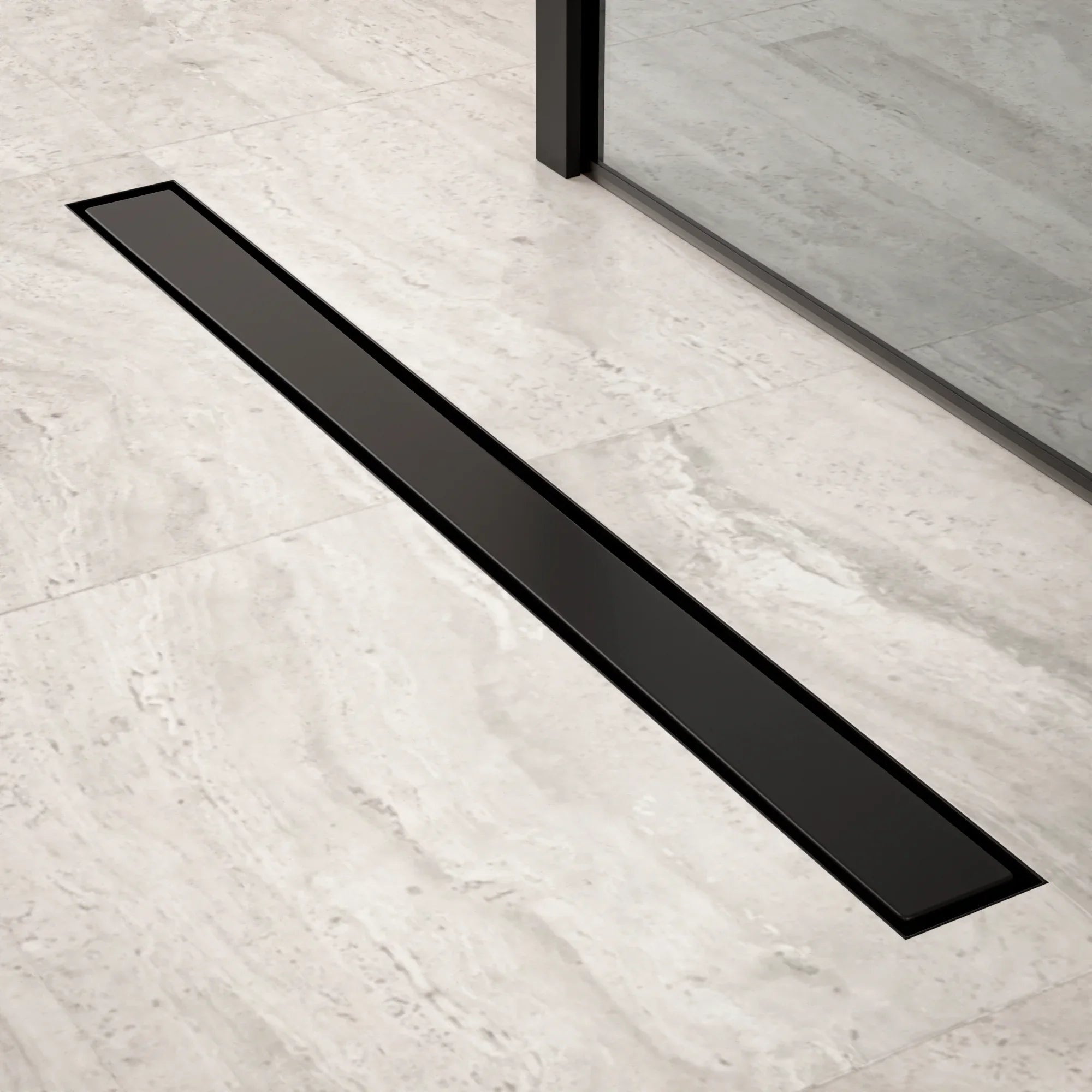 Bruseafløb – 80 cm – Mat sort – Fliserist – Rustfrit stål – Med flange