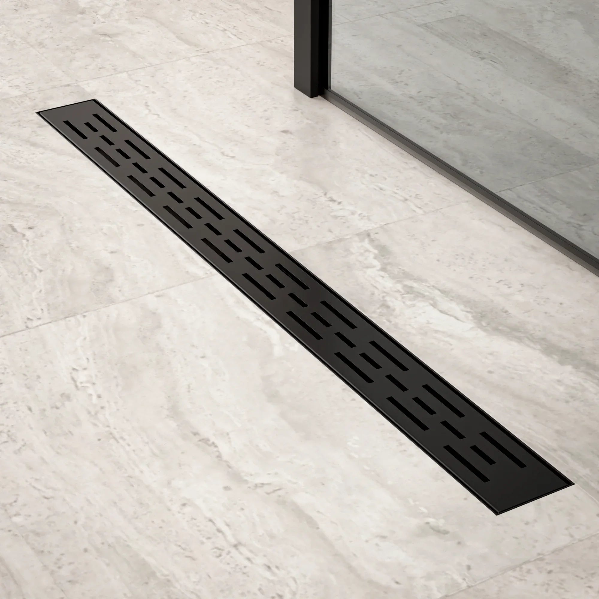 Bruseafløb – 80 cm – Mat sort – Standardrist – Rustfrit stål – Med flange