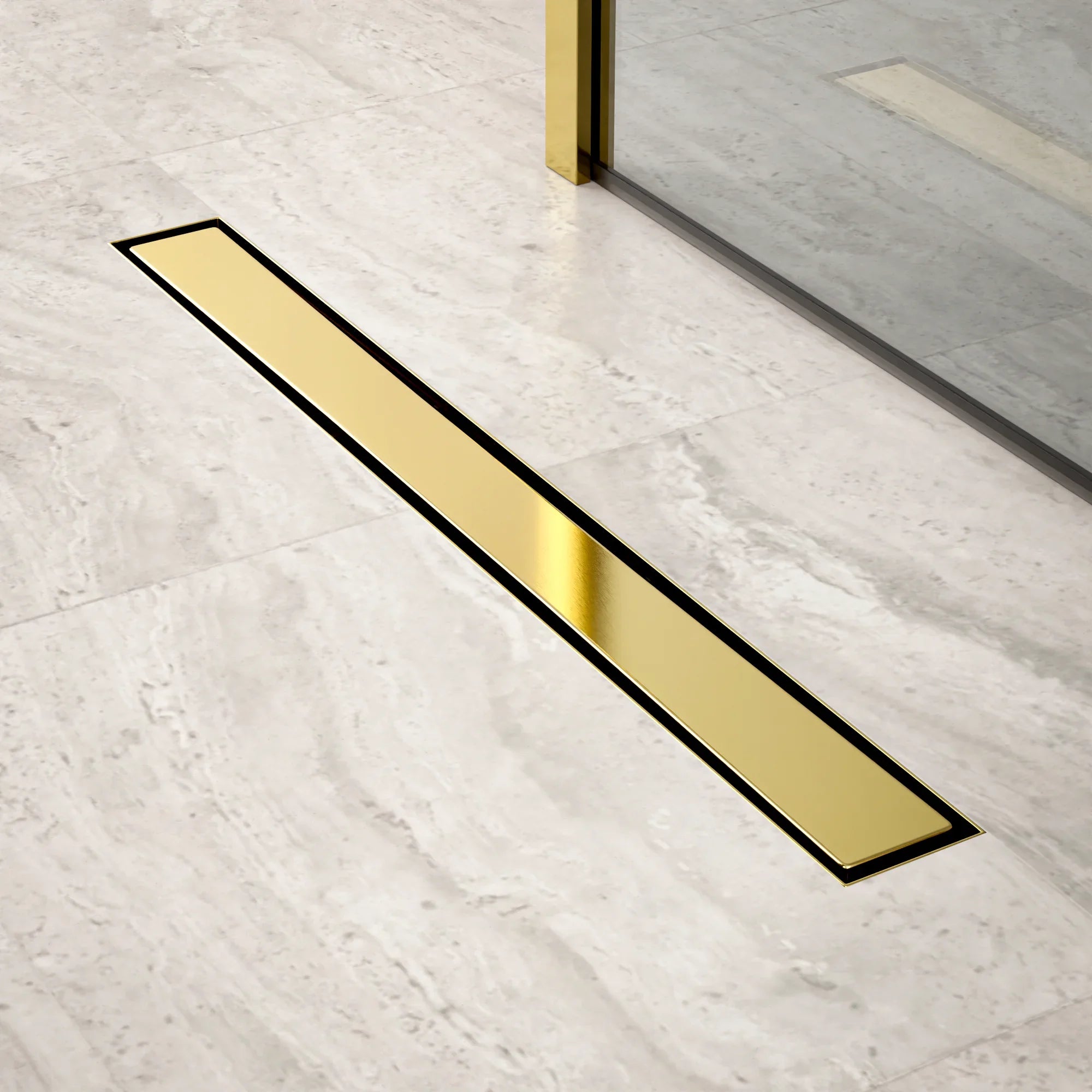 Bruseafløb – 70 cm – Guld – Fliserist – Rustfrit stål – Med flange