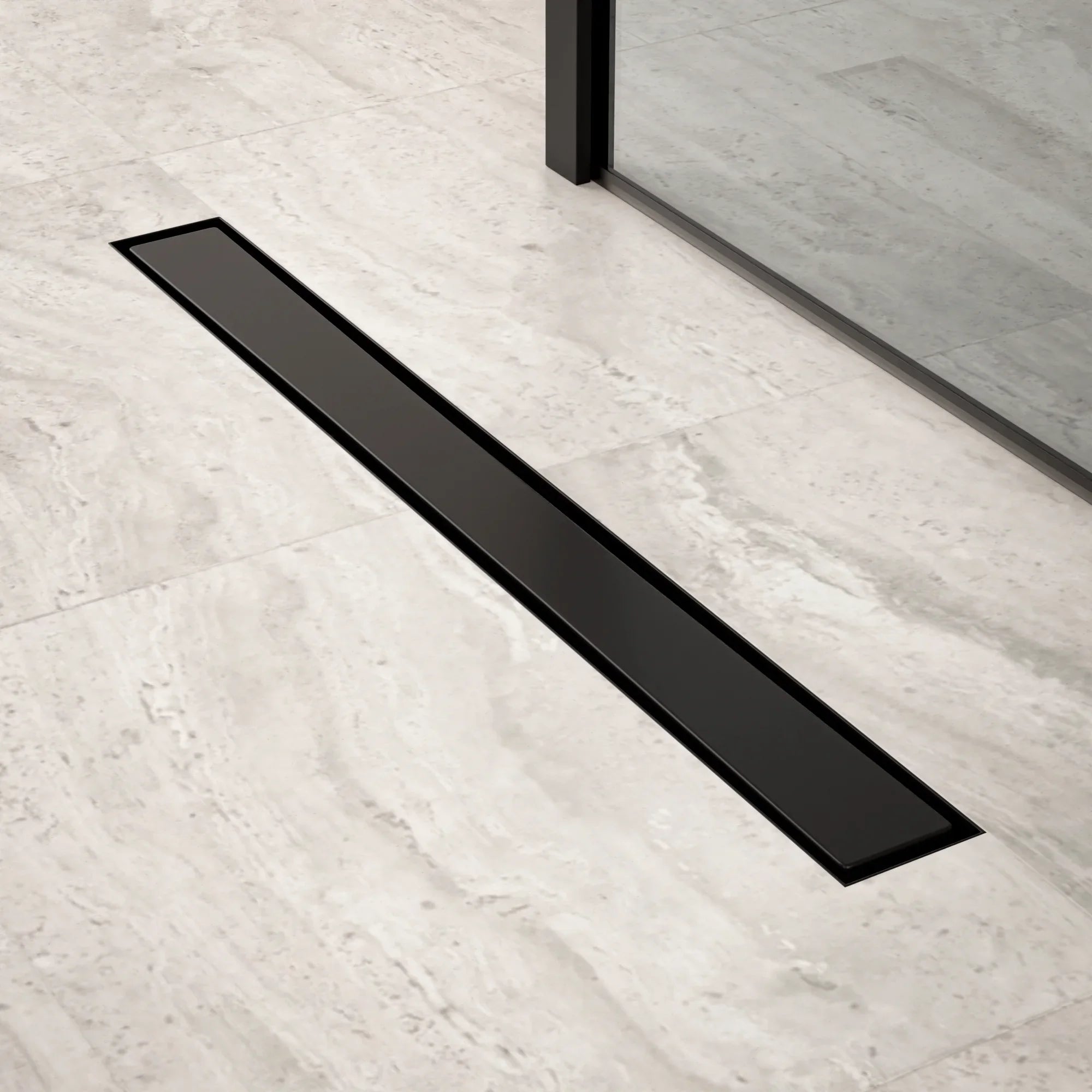 Bruseafløb – 70 cm – Mat sort – Fliserist – Rustfrit stål – Med flange