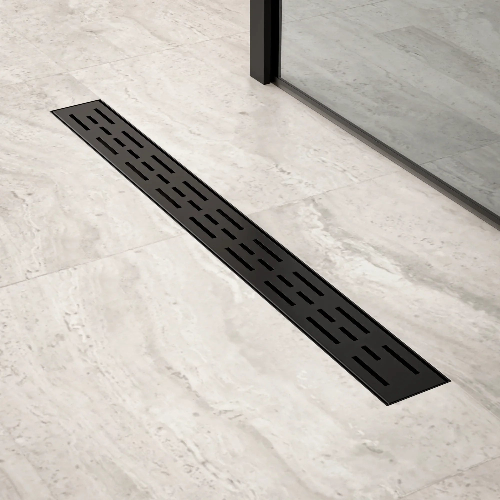 Bruseafløb – 70 cm – Mat sort – Standardrist – Rustfrit stål – Med flange