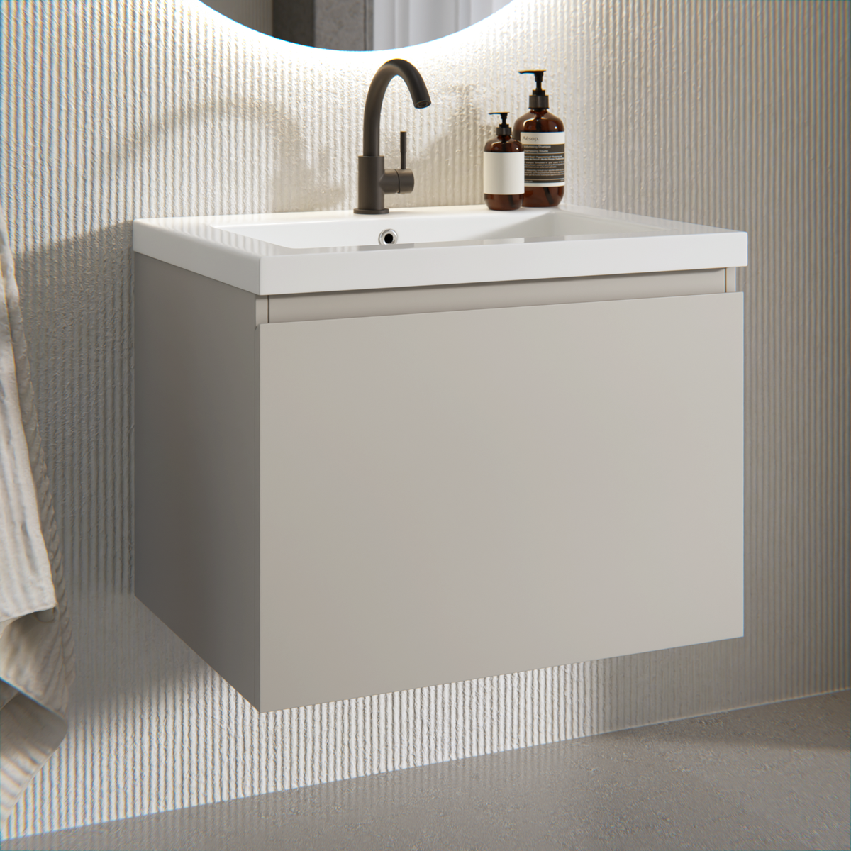 Badeværelsesmøbel Vino - 60 cm - Taupe - Håndvask Hvid