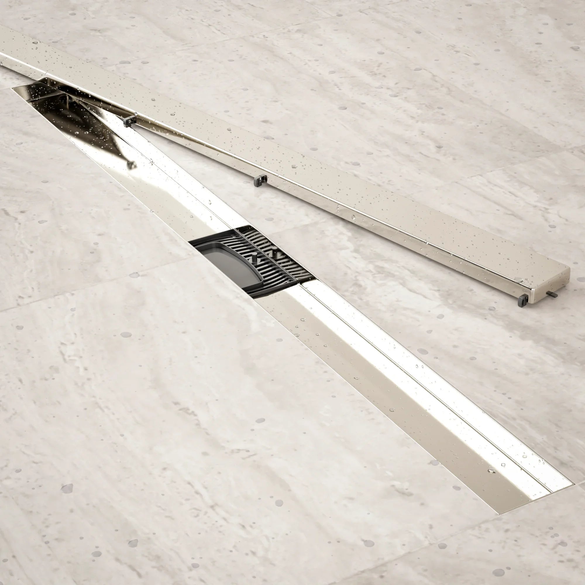 Bruseafløb – 90 cm – Fliserist – Rustfrit stål – Med flange