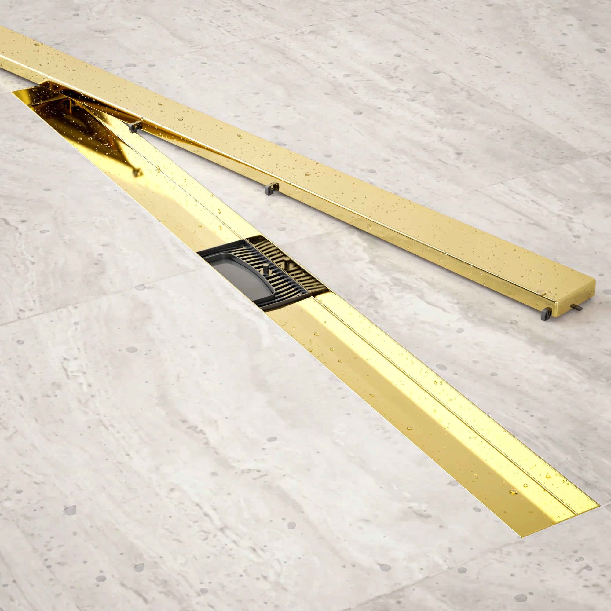 Bruseafløb – 90 cm – Guld – Fliserist – Rustfrit stål – Med flange