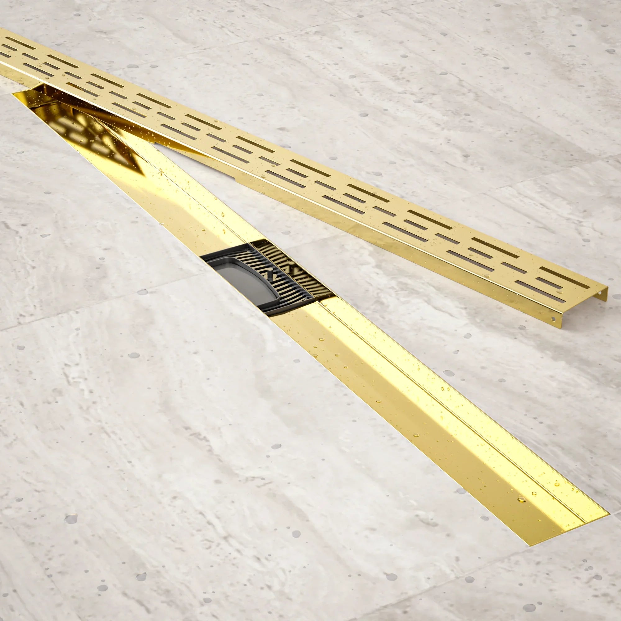 Bruseafløb – 90 cm – Guld – Standardrist – Rustfrit stål – Med flange