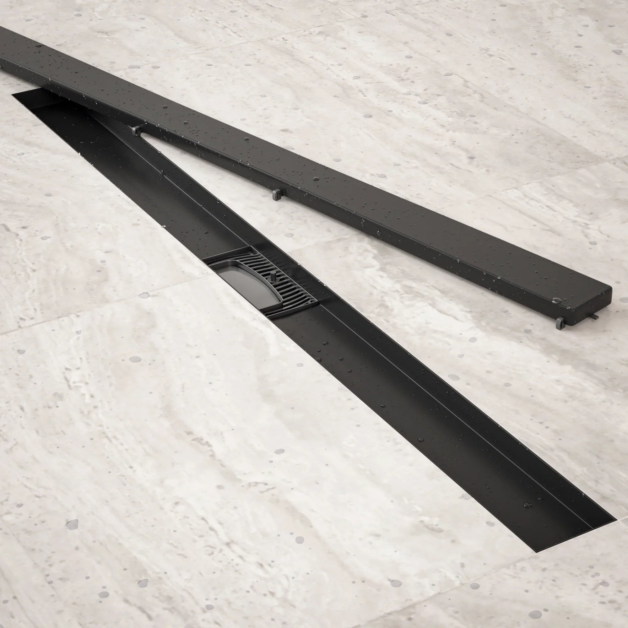 Bruseafløb – 90 cm – Mat sort – Fliserist – Rustfrit stål – Med flange