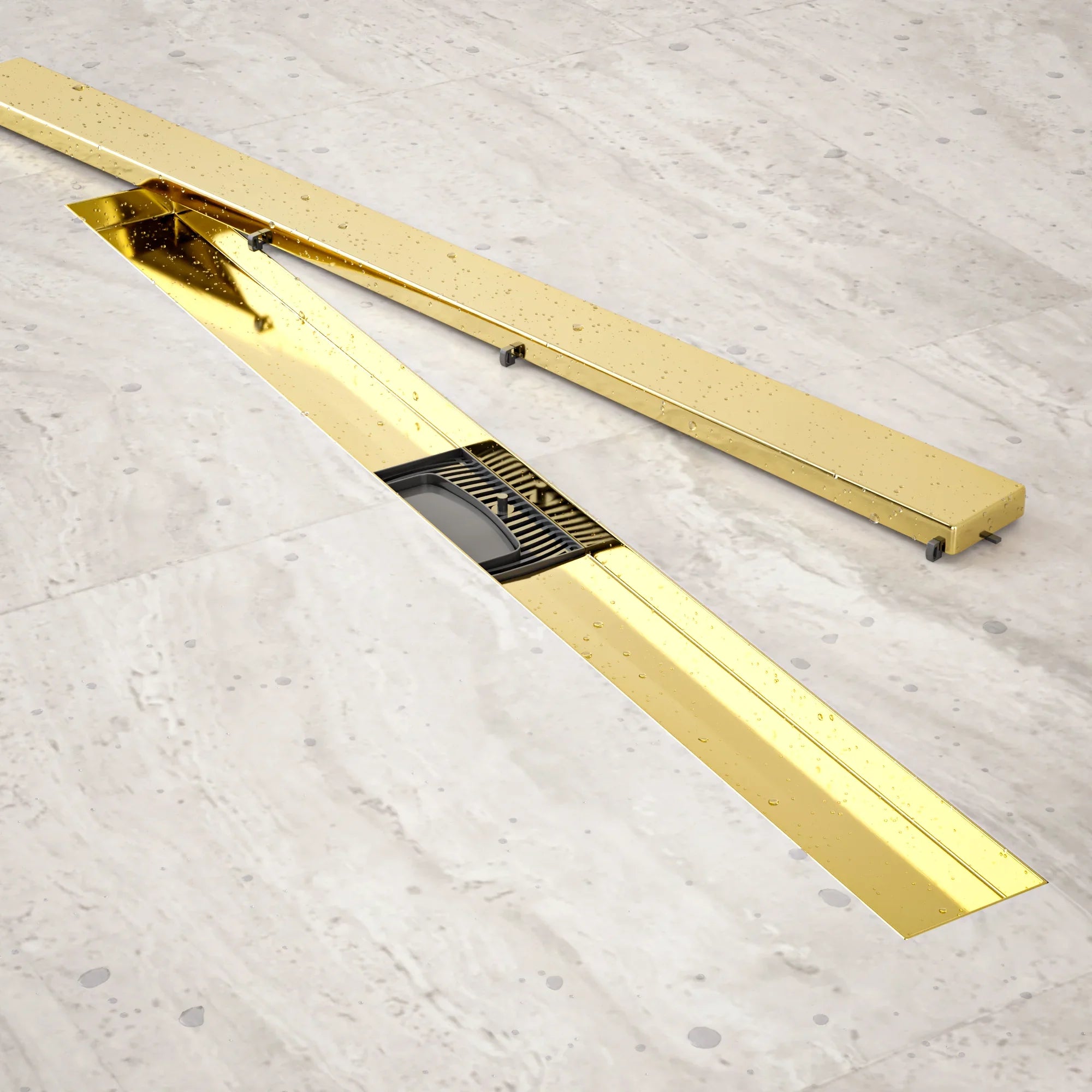 Bruseafløb – 80 cm – Guld – Fliserist – Rustfrit stål – Med flange