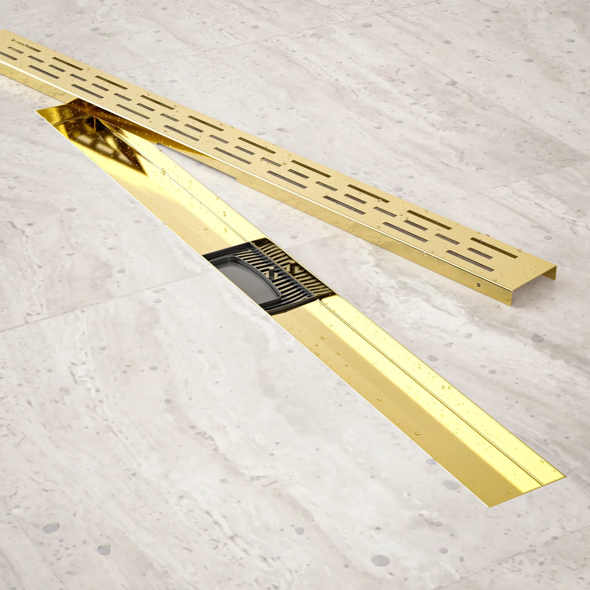 Bruseafløb – 80 cm – Guld – Standardrist – Rustfrit stål – Med flange