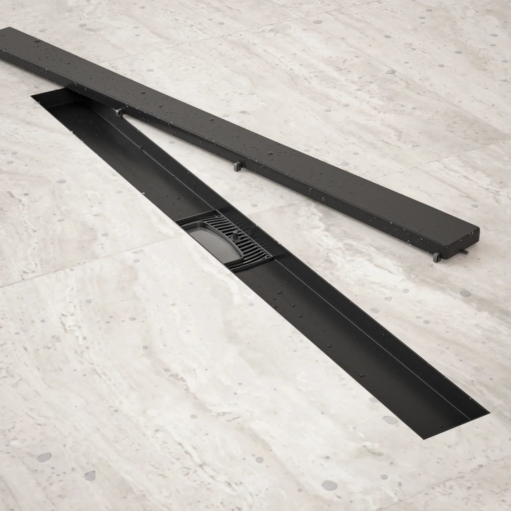 Bruseafløb – 80 cm – Mat sort – Fliserist – Rustfrit stål – Med flange