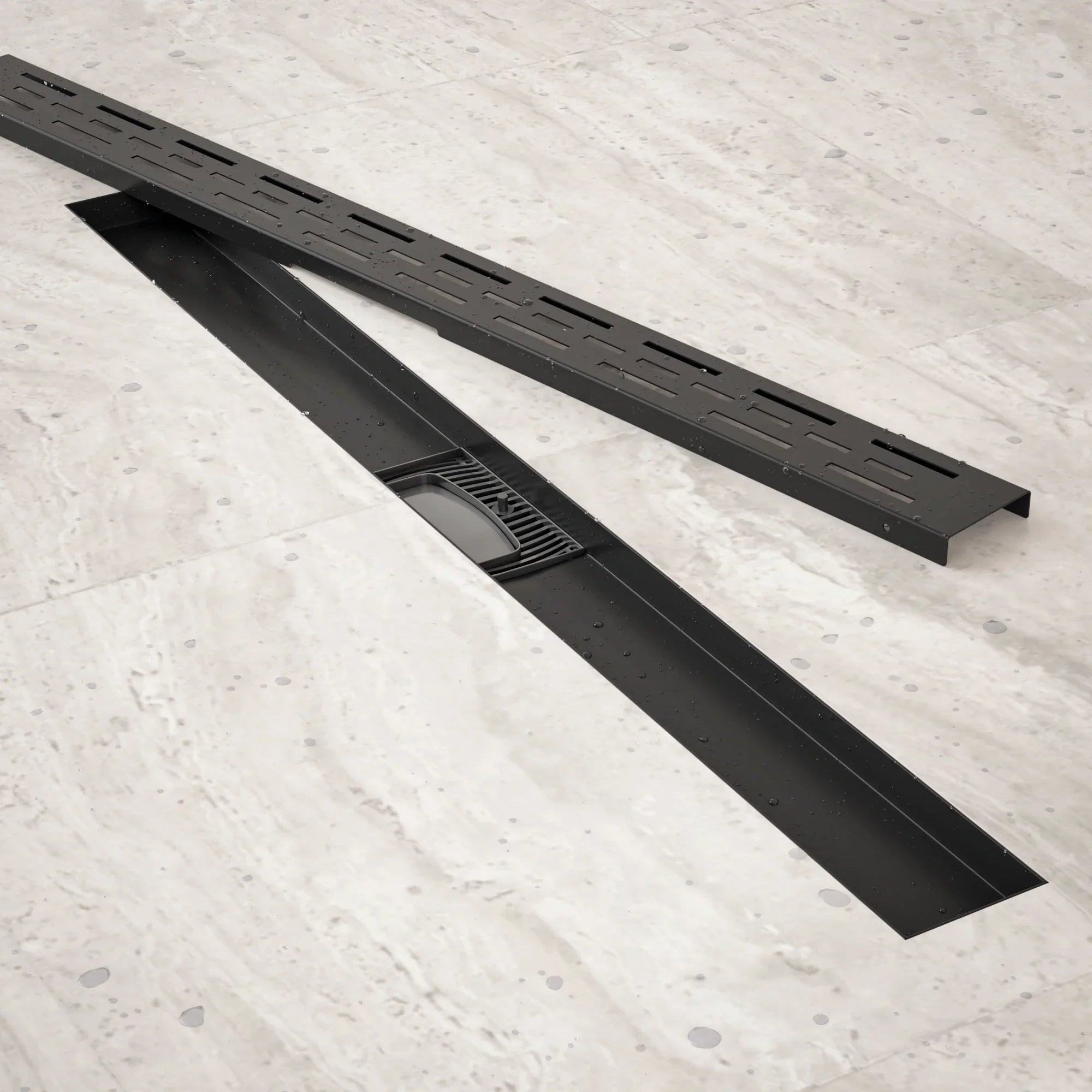Bruseafløb – 80 cm – Mat sort – Standardrist – Rustfrit stål – Med flange