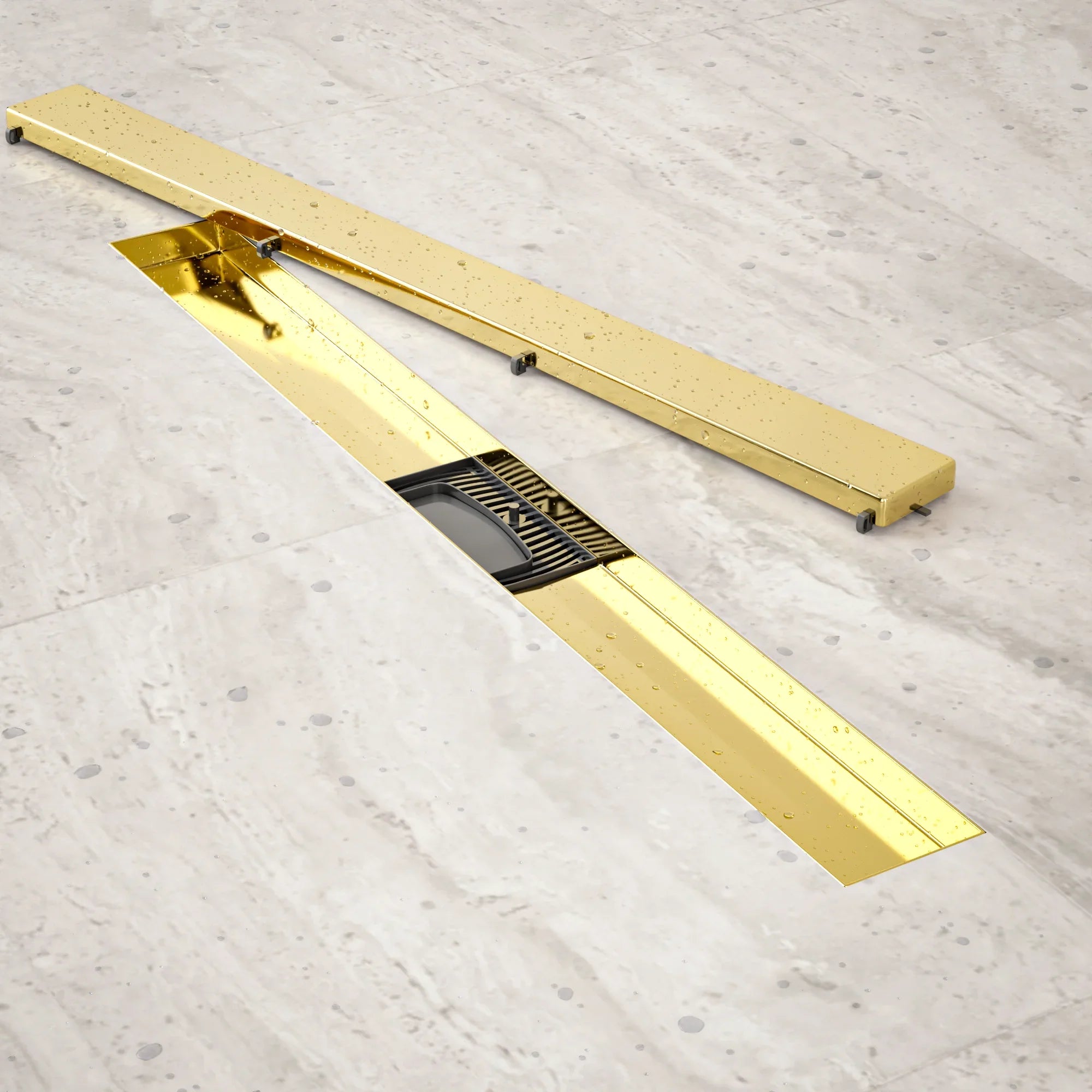 Bruseafløb – 70 cm – Guld – Fliserist – Rustfrit stål – Med flange