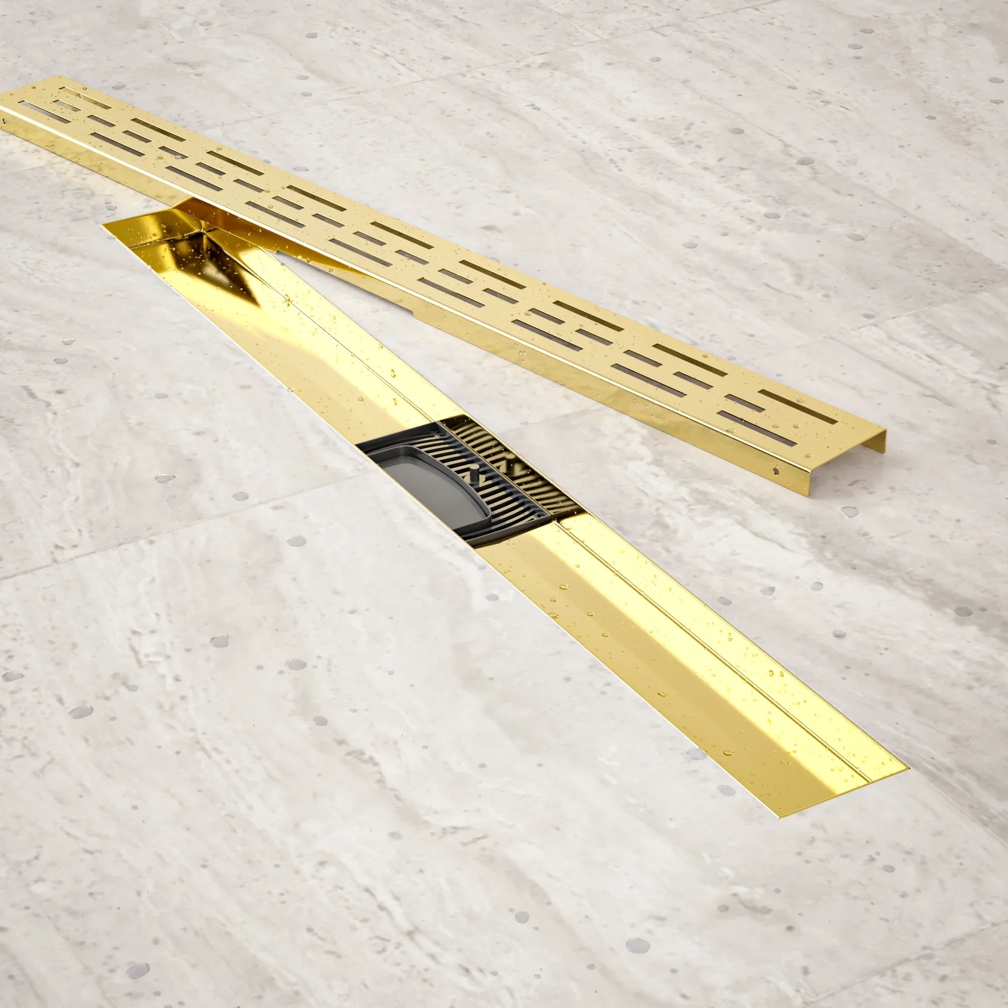 Bruseafløb – 70 cm – Guld – Standardrist – Rustfrit stål – Med flange