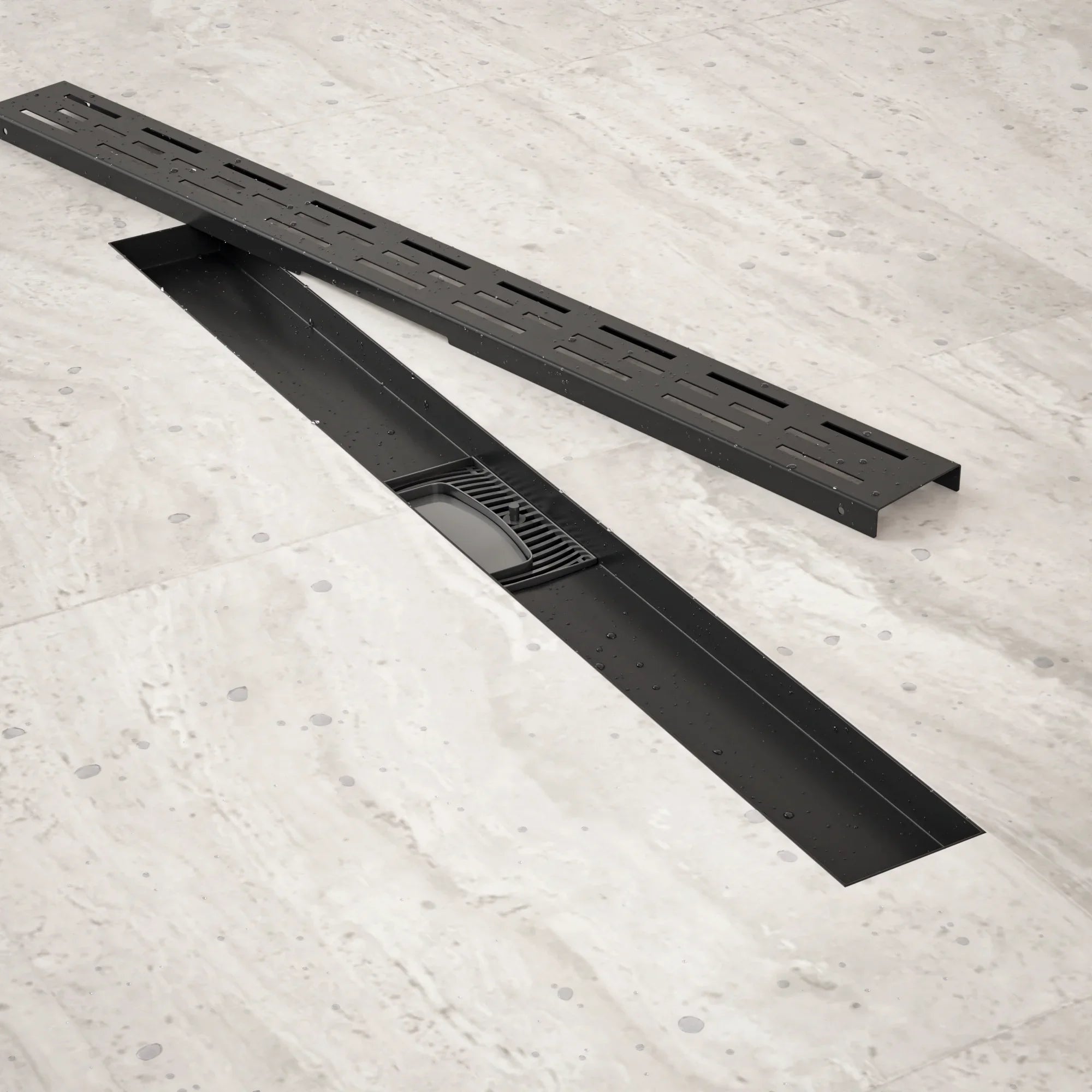 Bruseafløb – 70 cm – Mat sort – Standardrist – Rustfrit stål – Med flange