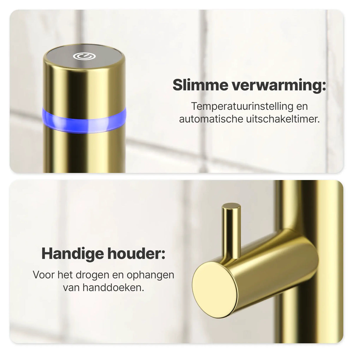Elektrisk stang-håndklæderadiator - 70 Watt - 150 cm - Guld