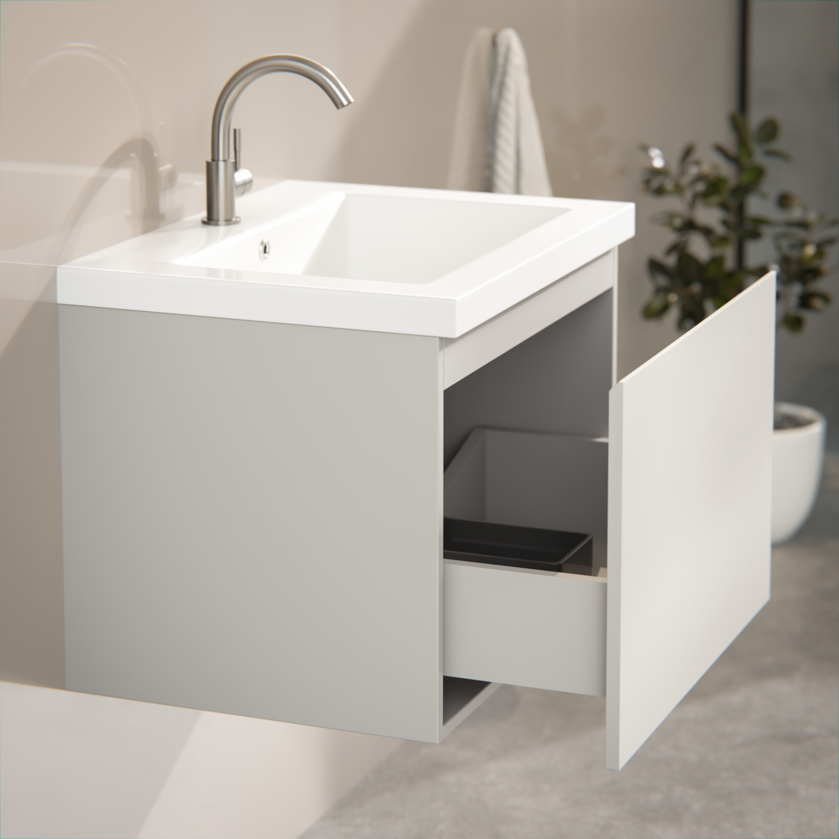 Badeværelsesmøbel Vino - 60 cm - Taupe - Håndvask Hvid