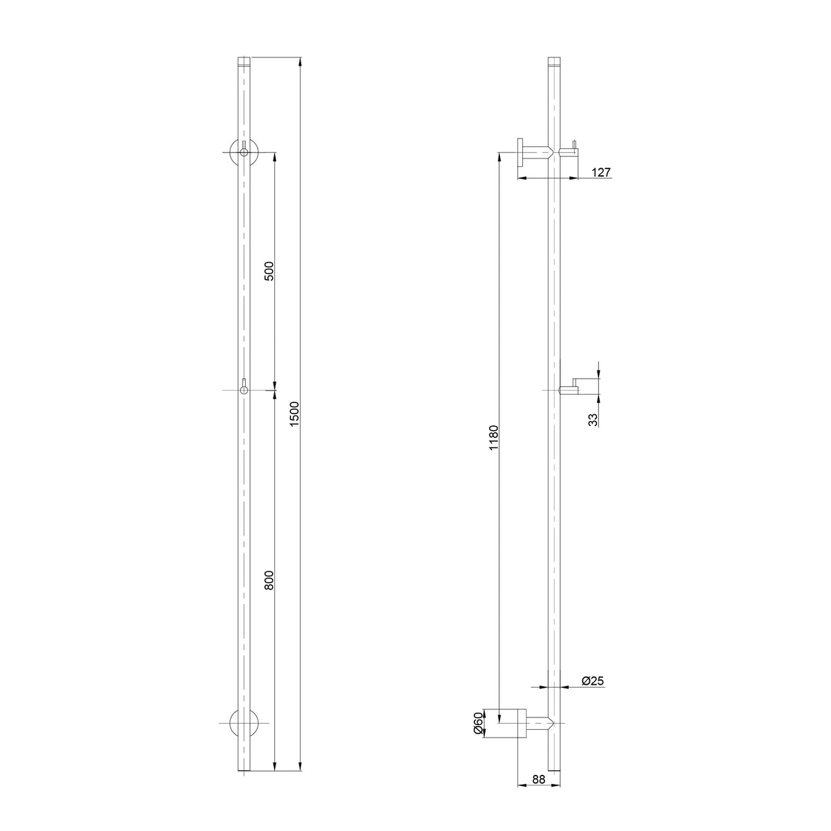 Elektrisk håndklædetørrer - 70 Watt - 150 cm - Mat sort