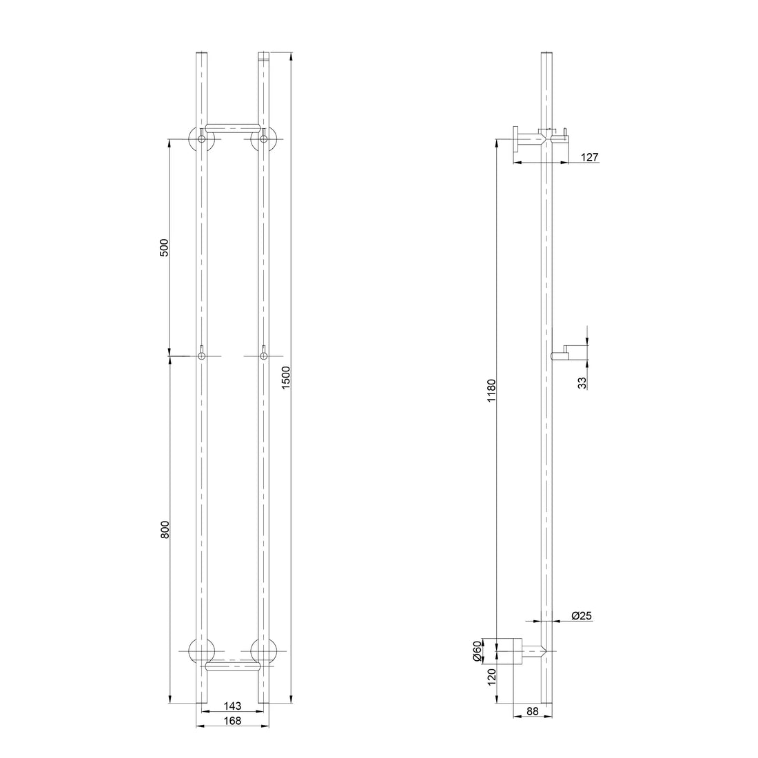 Elektrisk Håndklædetørrer Dobbelt - 70 Watt - 150x16.8 cm - Mat sort
