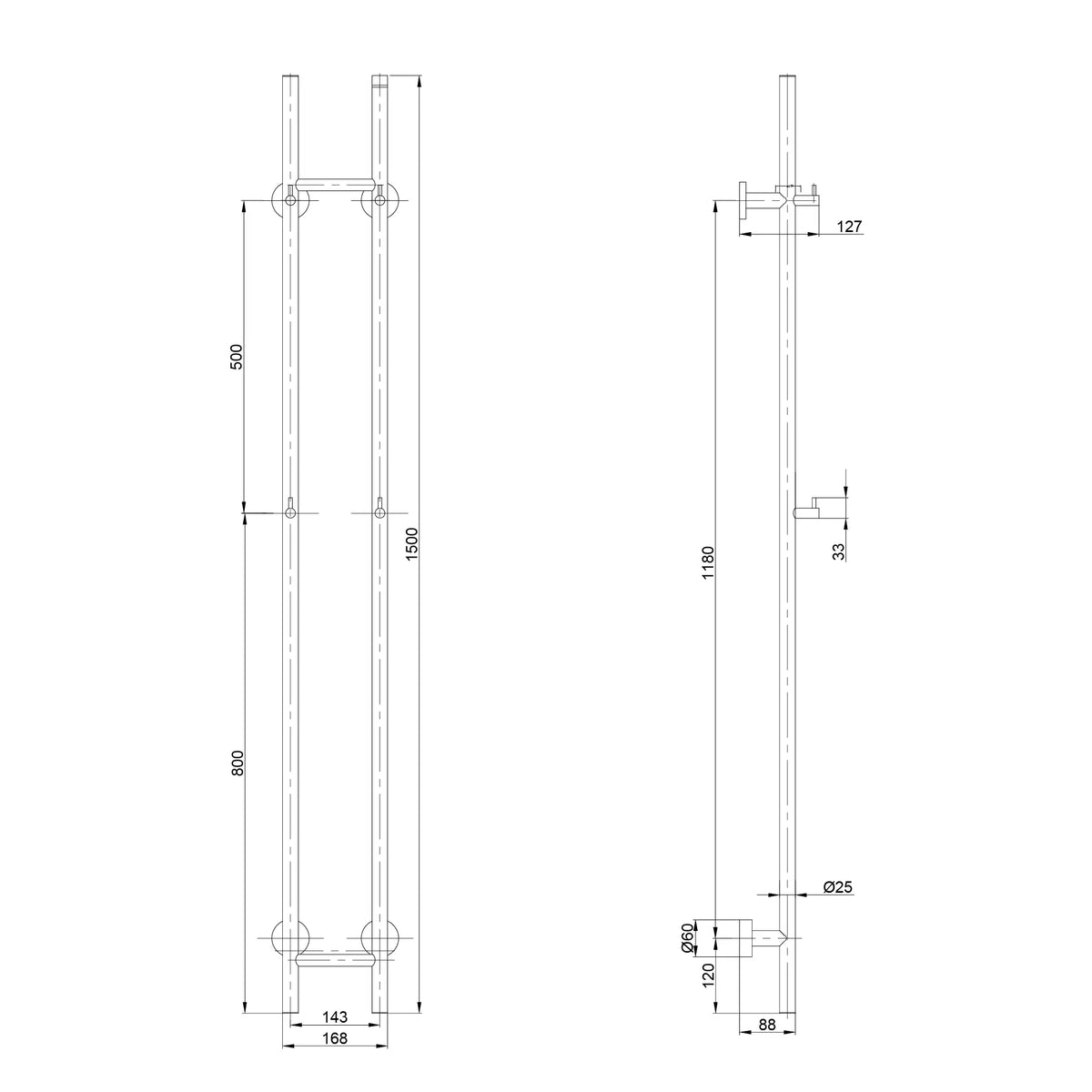 Elektrisk stang-håndklædevarmer dobbelt - 70 Watt - 150x16.8 cm - Kobber