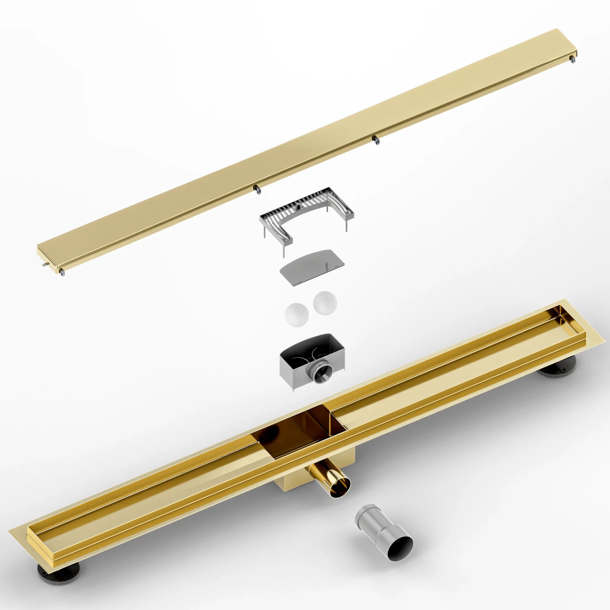 Bruseafløb – 90 cm – Guld – Fliserist – Rustfrit stål – Med flange