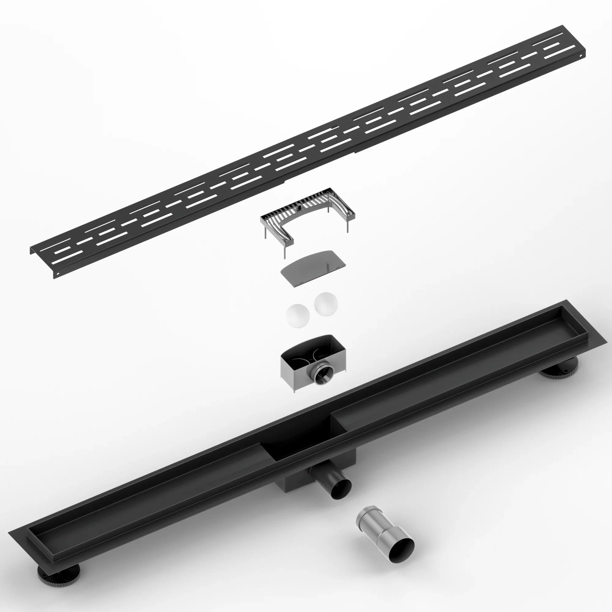 Bruseafløb – 90 cm – Mat sort – Standardrist – Rustfrit stål – Med flange
