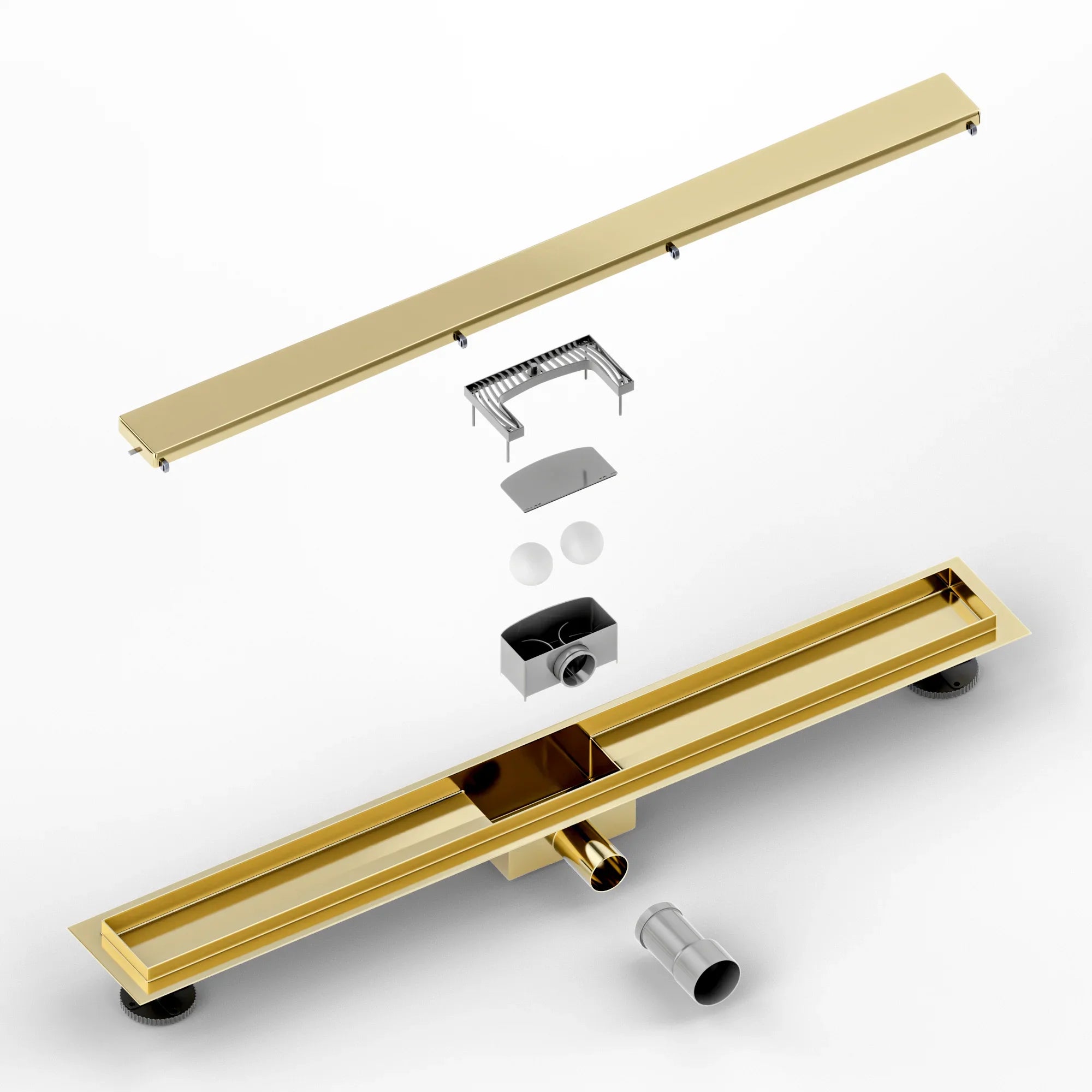 Bruseafløb – 80 cm – Guld – Fliserist – Rustfrit stål – Med flange