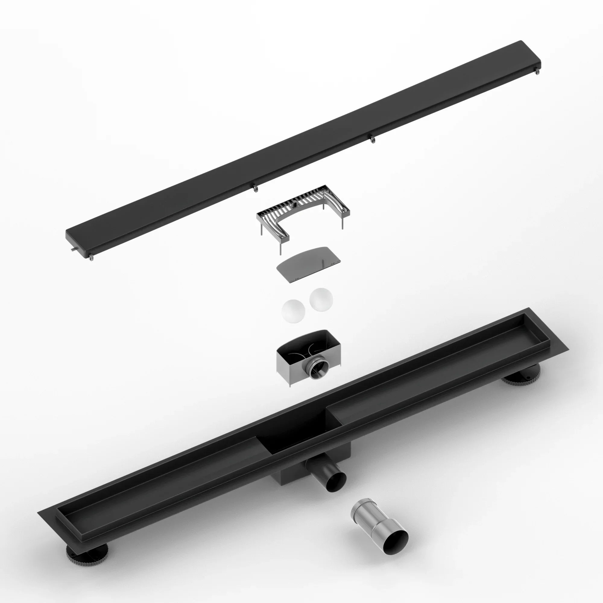 Bruseafløb – 80 cm – Mat sort – Fliserist – Rustfrit stål – Med flange