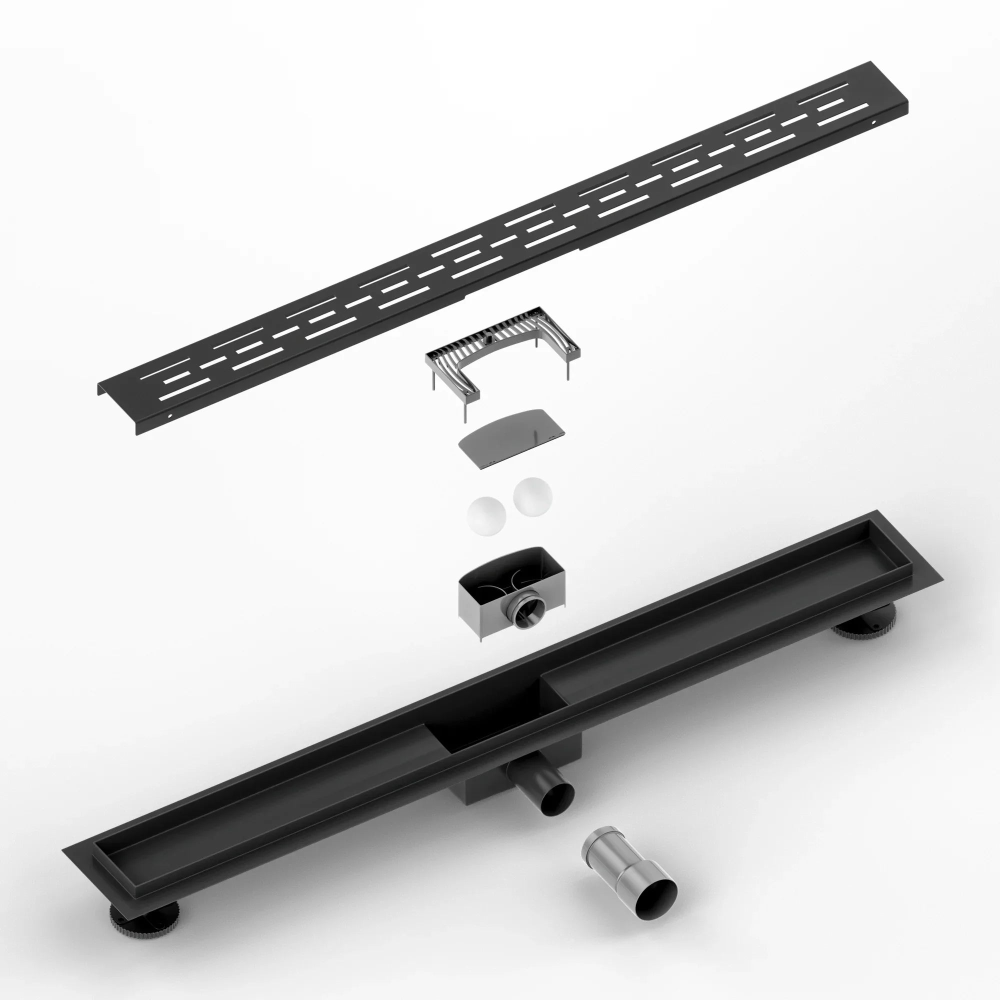 Bruseafløb – 80 cm – Mat sort – Standardrist – Rustfrit stål – Med flange
