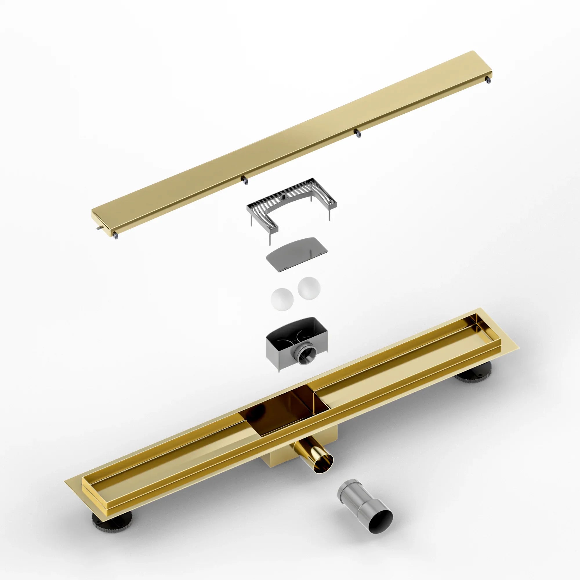 Bruseafløb – 70 cm – Guld – Fliserist – Rustfrit stål – Med flange