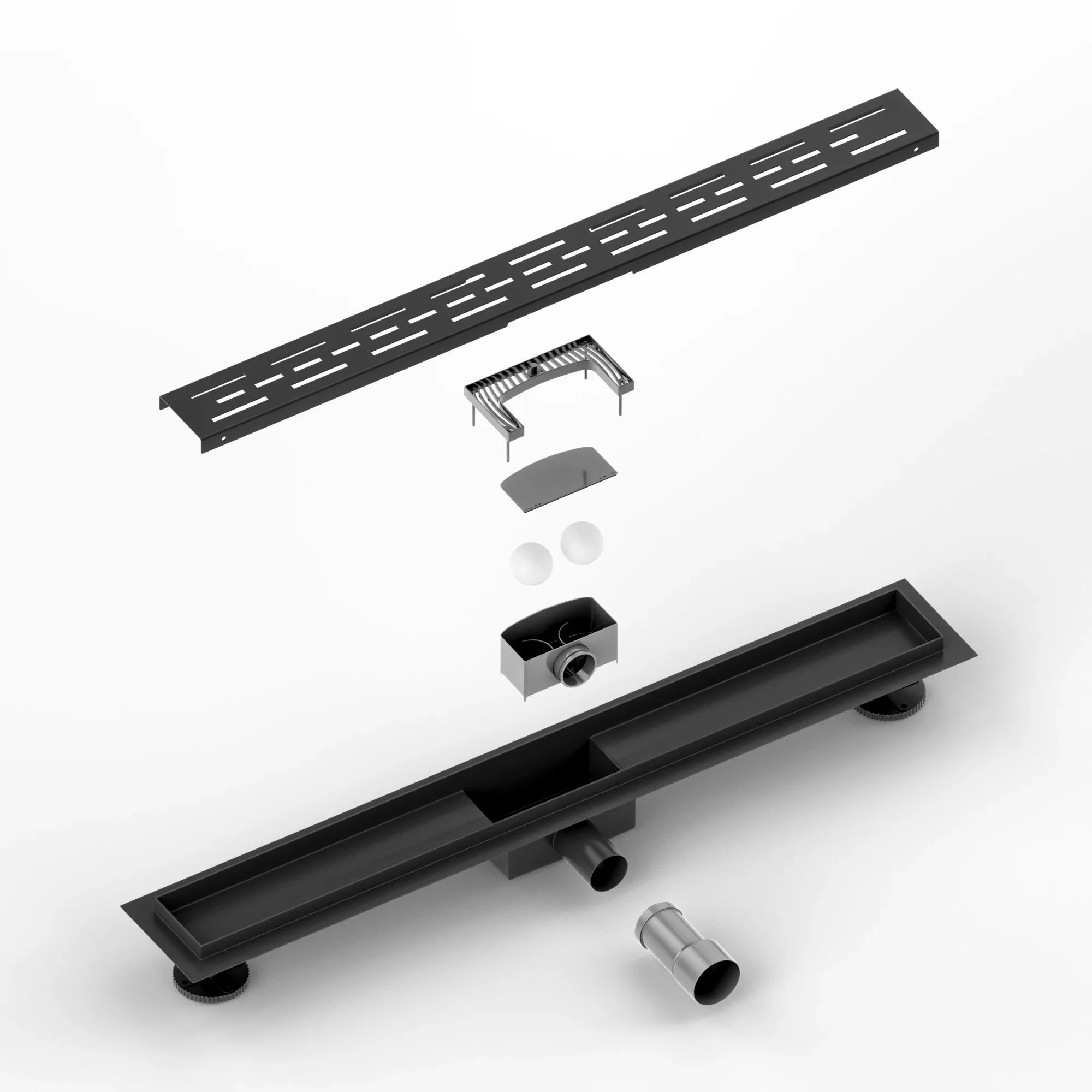 Bruseafløb – 70 cm – Mat sort – Standardrist – Rustfrit stål – Med flange