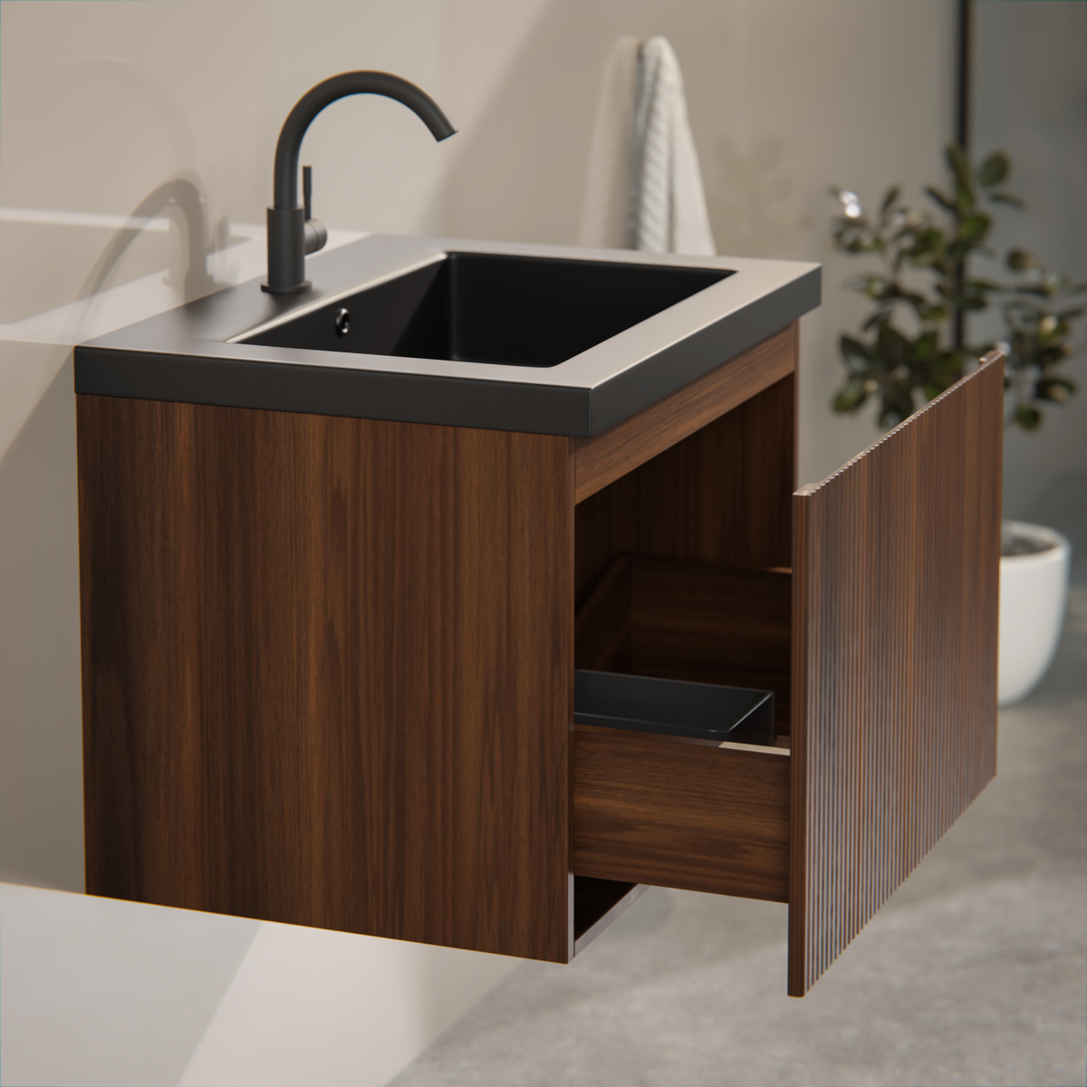 badeværelsesmøbel Vino - 60 cm - valnøddebrun - håndvask sort
