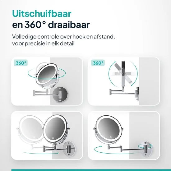Makeupspejl med LED-belysning - Genopladeligt - 10x forstørrelse - Krom