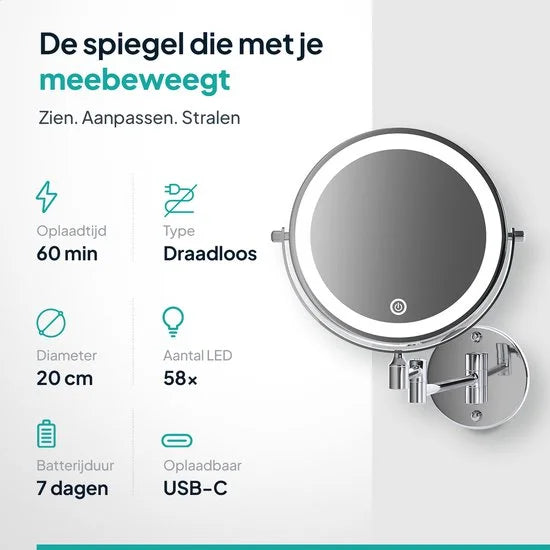 Makeupspejl med LED-belysning - Genopladeligt - 10x forstørrelse - Krom