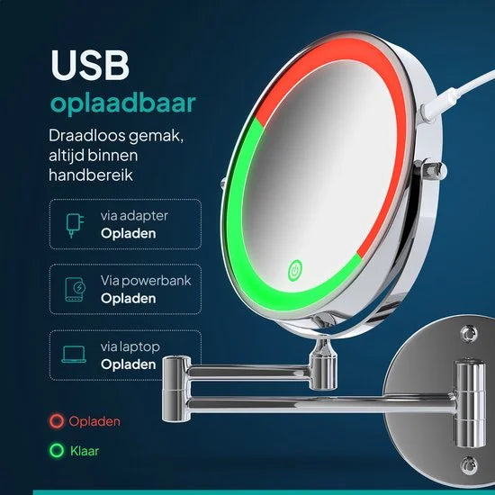 Makeupspejl med LED-belysning - Genopladeligt - 10x forstørrelse - Krom