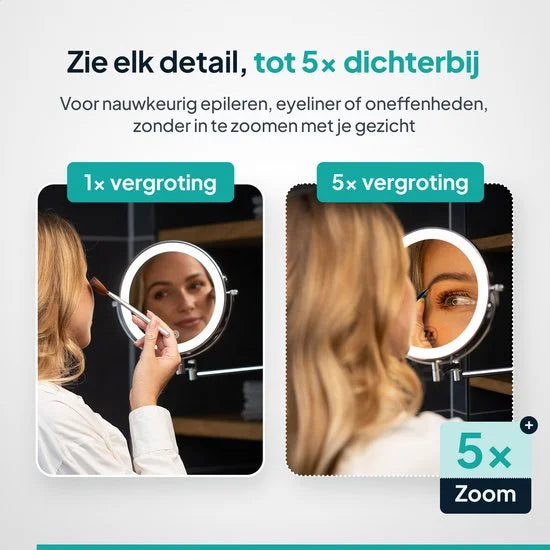 Makeupspejl med LED-belysning - Genopladeligt - 10x forstørrelse - Krom