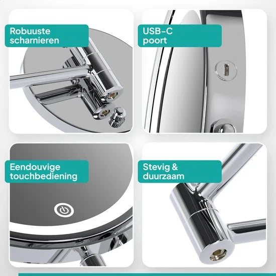 Makeupspejl med LED-belysning - Genopladeligt - 10x forstørrelse - Krom