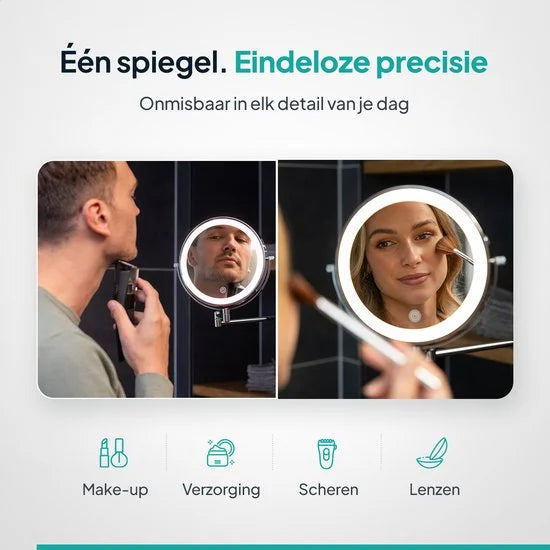 Makeupspejl med LED-belysning - Genopladeligt - 10x forstørrelse - Krom