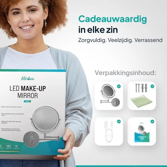 Makeupspejl med LED-belysning - Genopladeligt - 10x forstørrelse - Krom