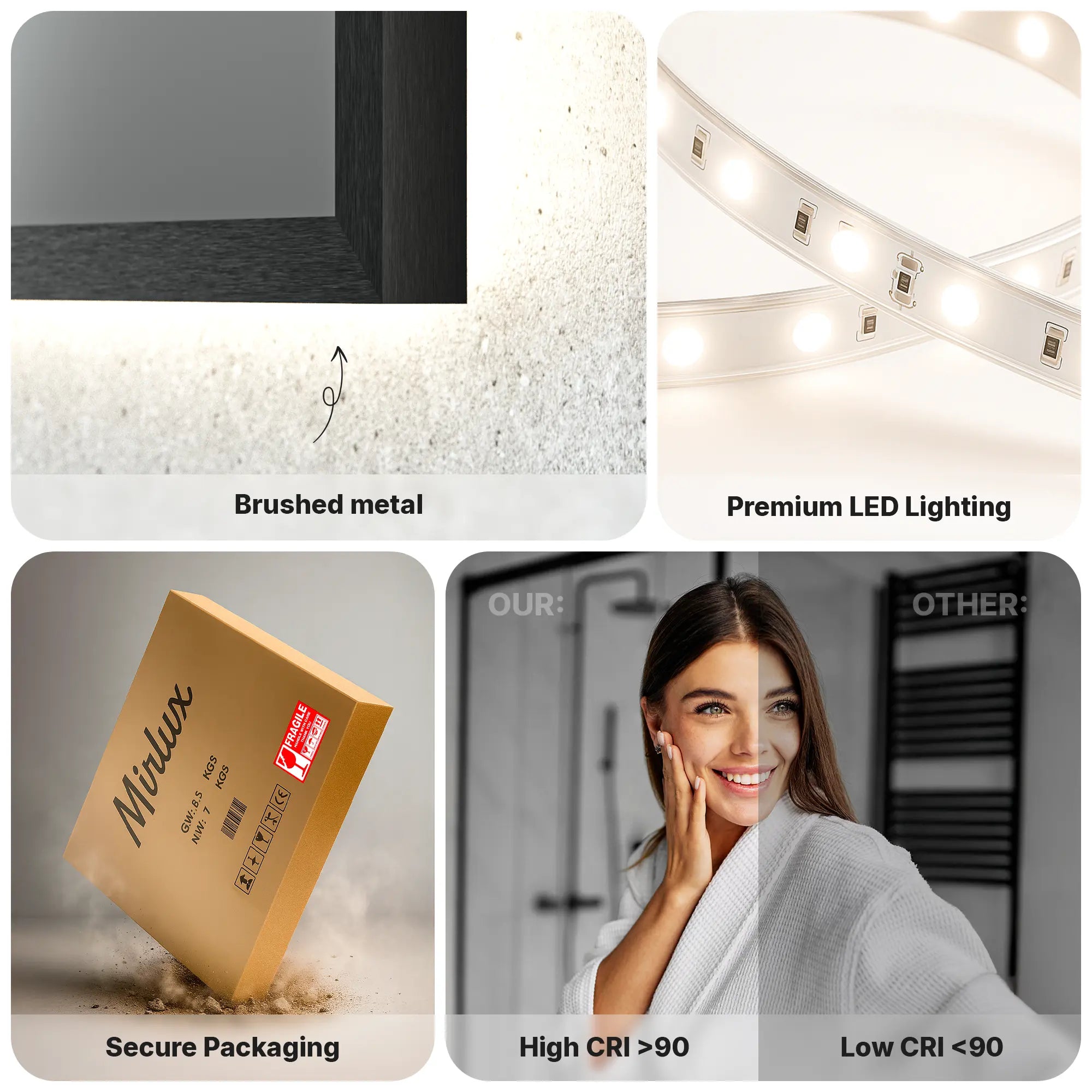 Badeværelsesspejl - Rektangel - 80x60cm - Sort Ramme