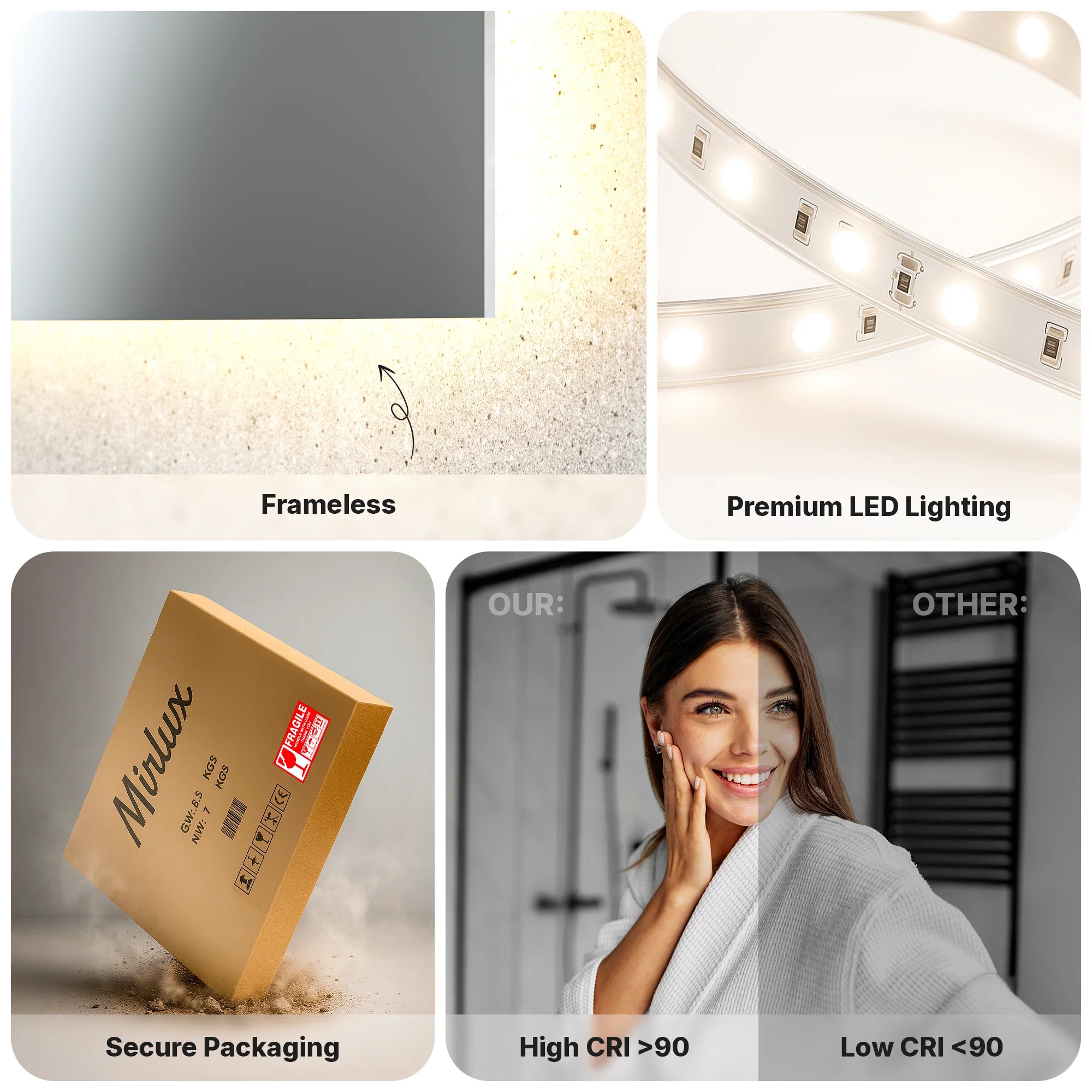 Badeværelsesspejl - Rektangel - 100x80cm - Rammeløs