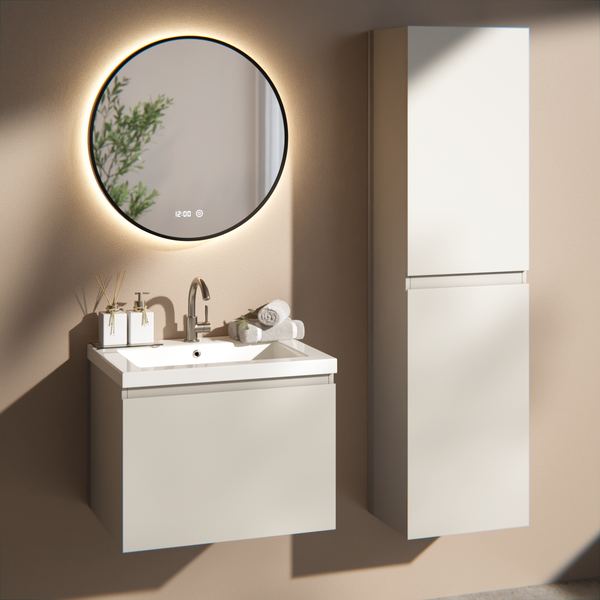 Badeværelsesmøbel Vino - 60 cm - Taupe - Håndvask Hvid