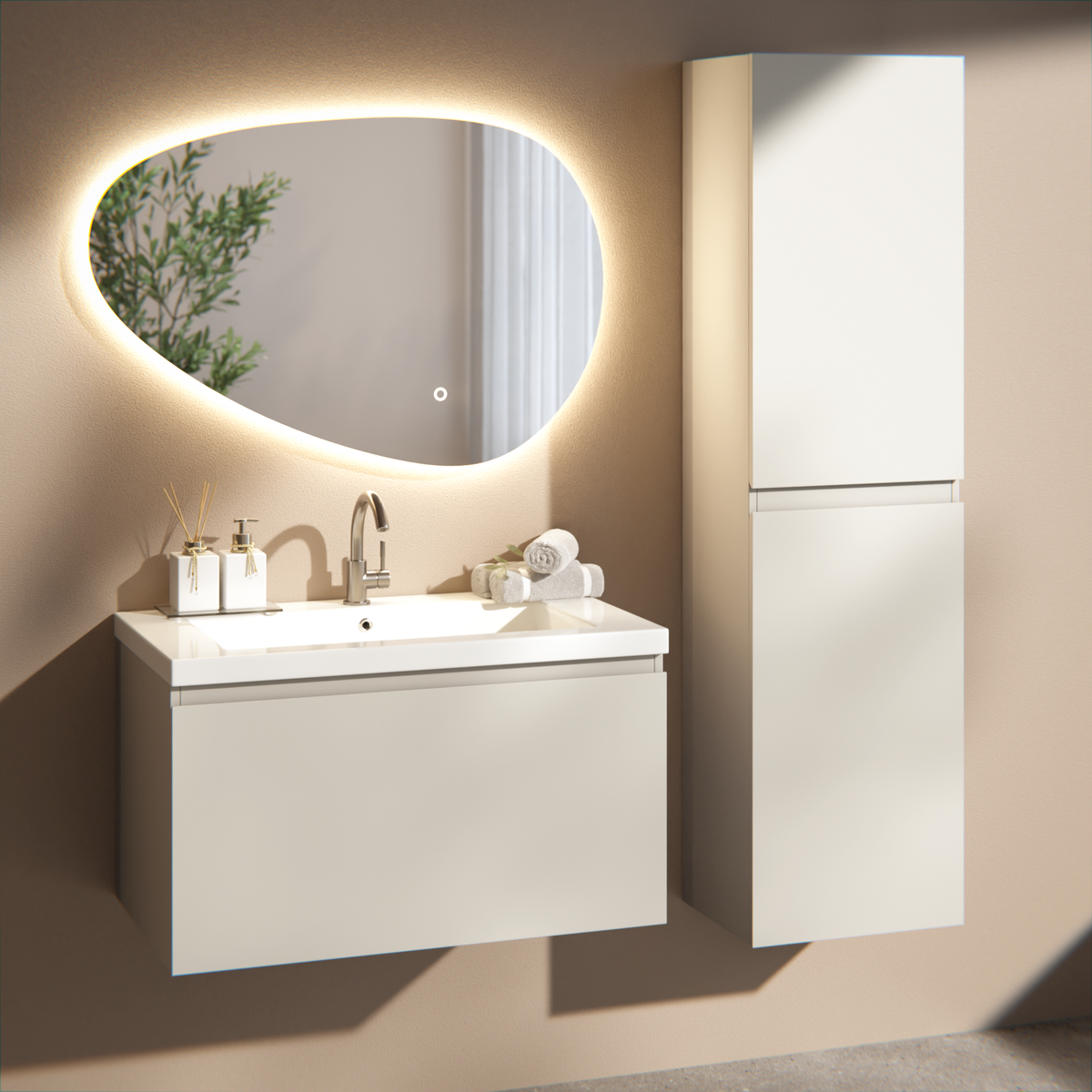 badeværelsesmøbel Niko - 80 cm - Taupe - håndvask hvid