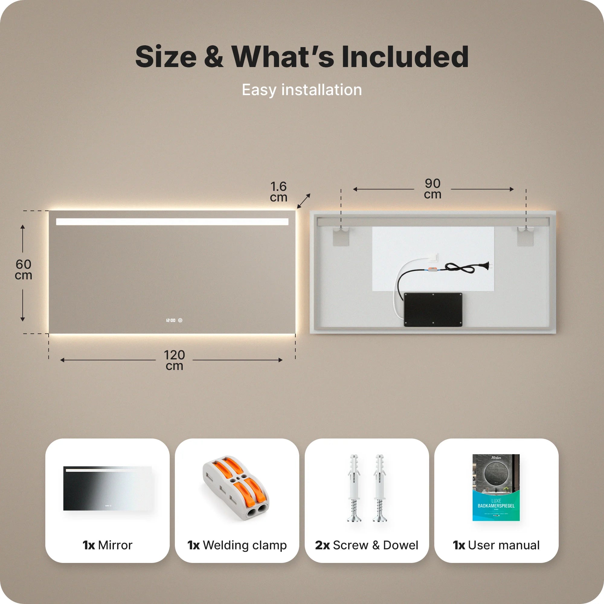 Badeværelsesspejl - Rektangel - 120x60cm - Rammeløs - Forudbestil
