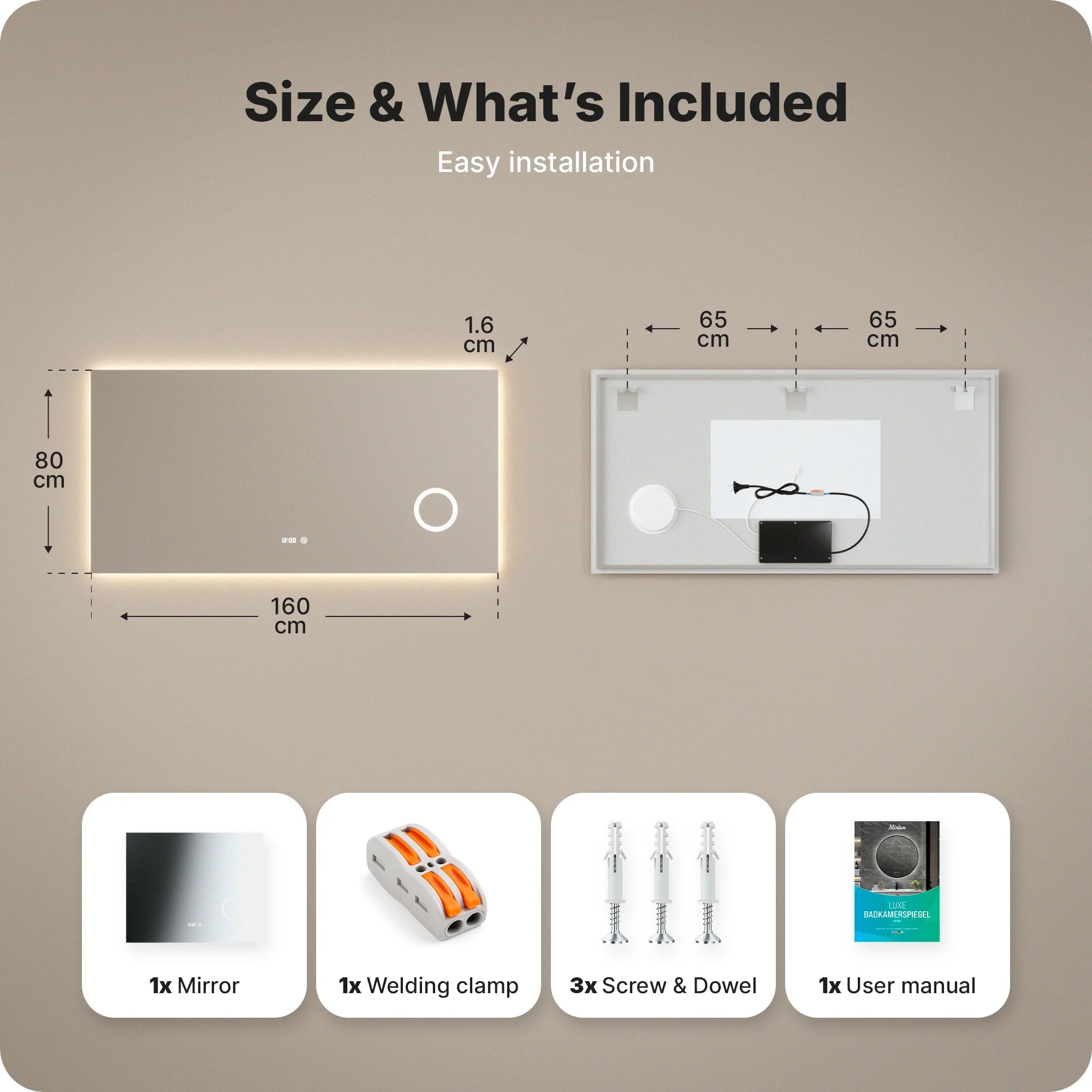 Badeværelsespejl - Rektangel - 160x80cm - Rammeløs